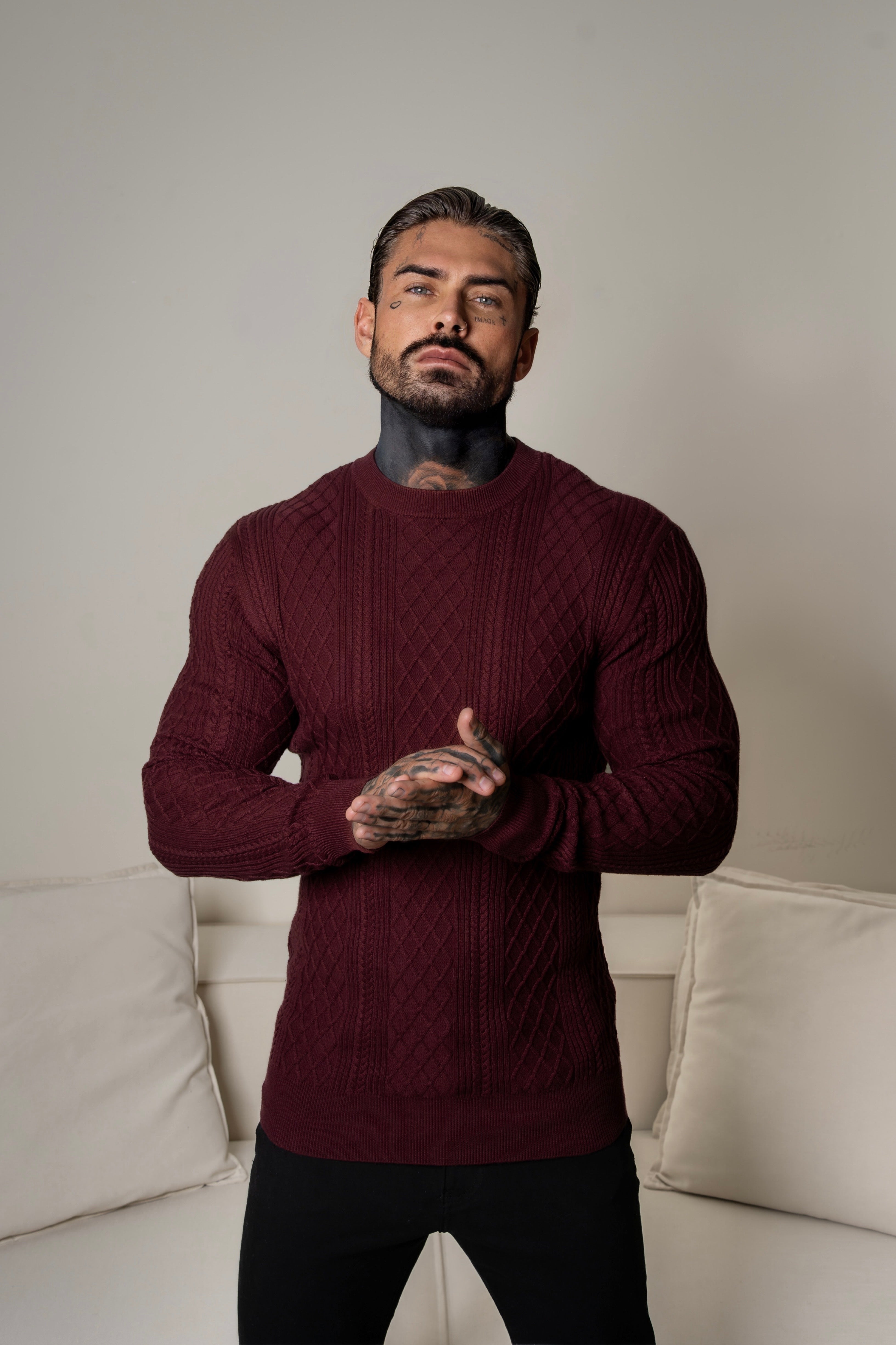 Fine Knit Diamond Burgundy Jumper Long Sleeve  -  FSA008