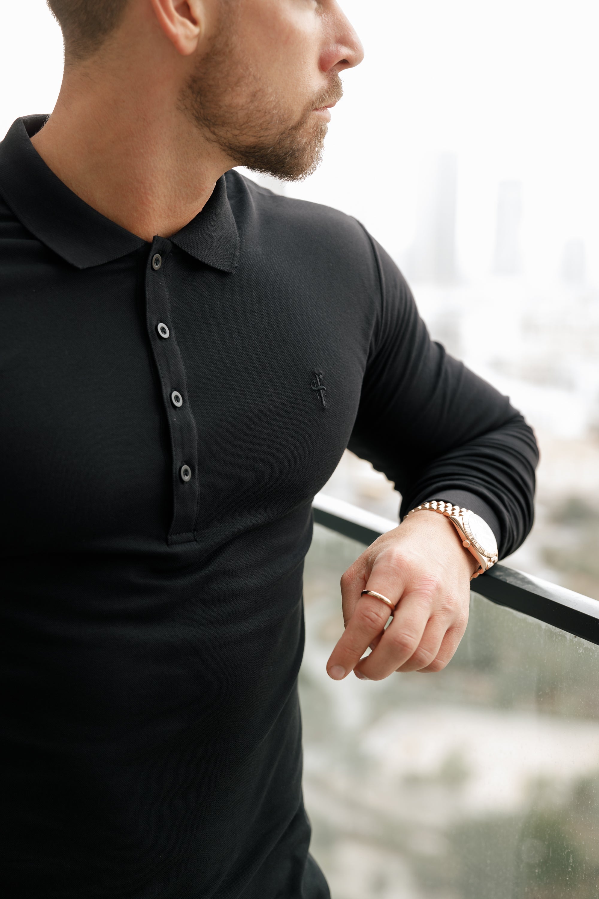 Classic Black Tonal  Polo Long Sleeve Shirt - FSH857