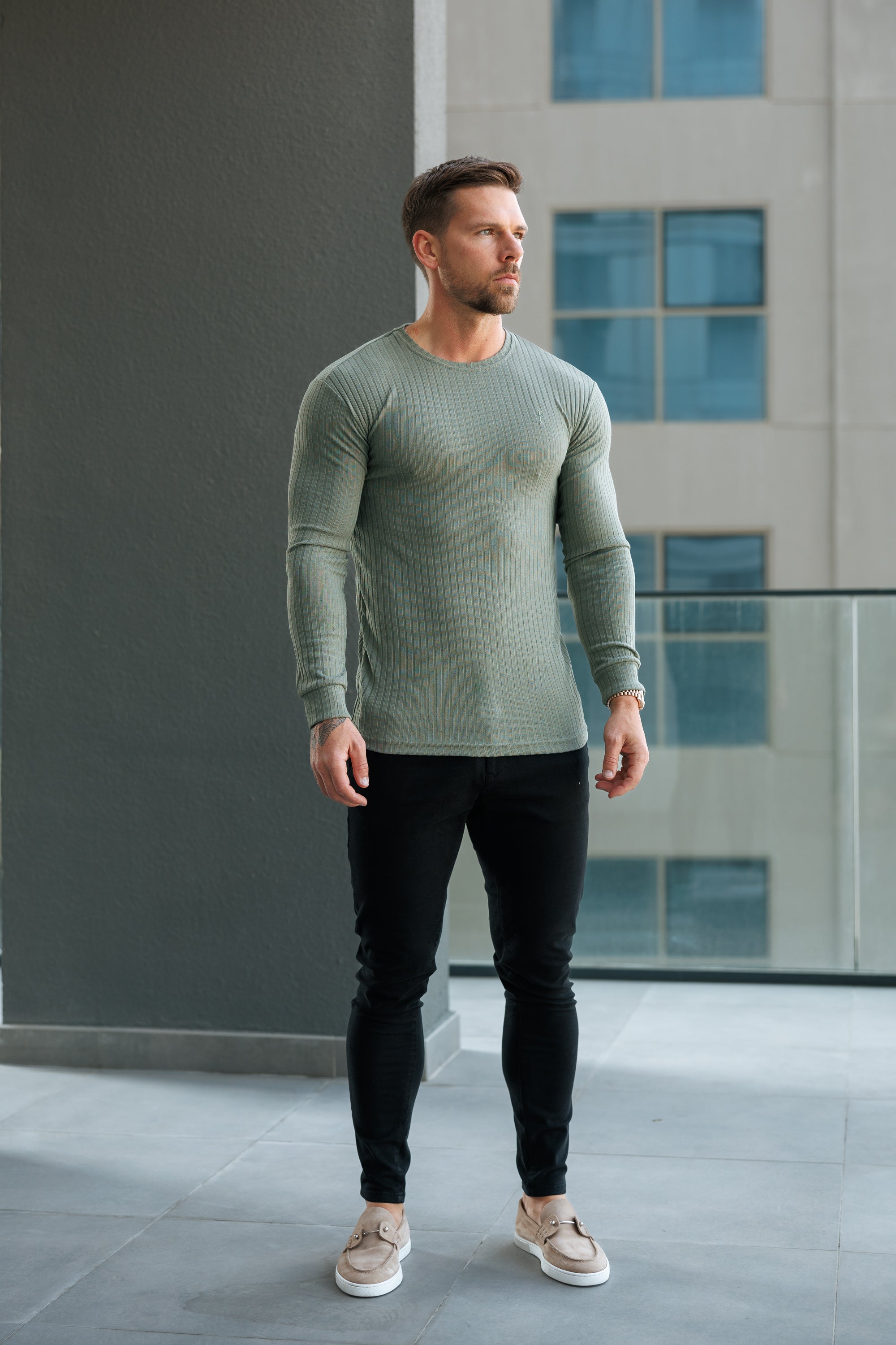 Father Sons Classic Olive Ribbed Knit Jumper With Tonal Embroidery -  FSH1285