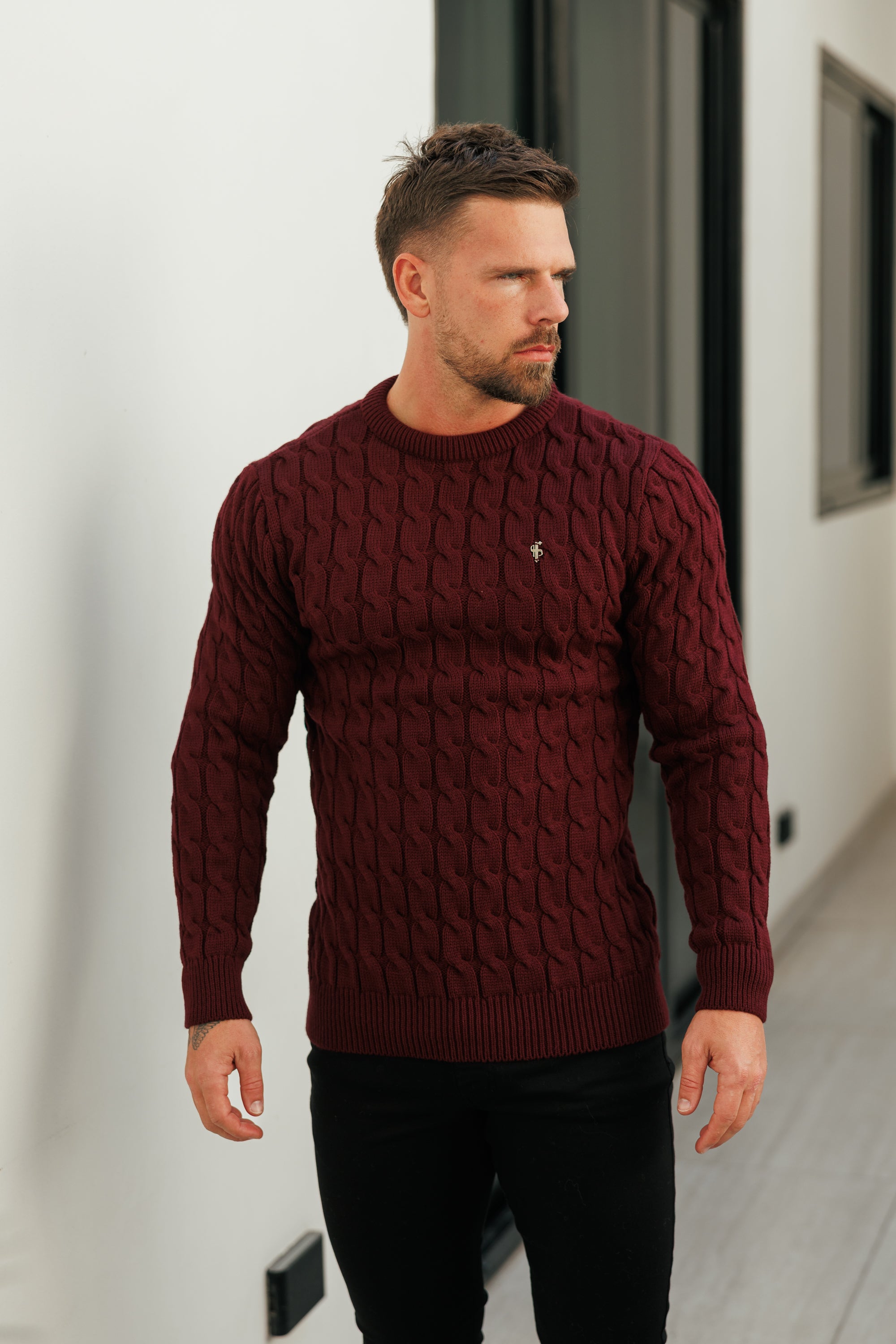 Link Weave Knit Wine Crew Neck Jumper - FSJ131