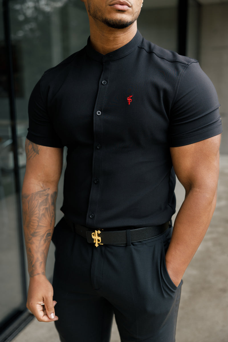 Father Sons Super Slim Scuba Black Short Sleeve Stretch With Grandad Collar - FS930