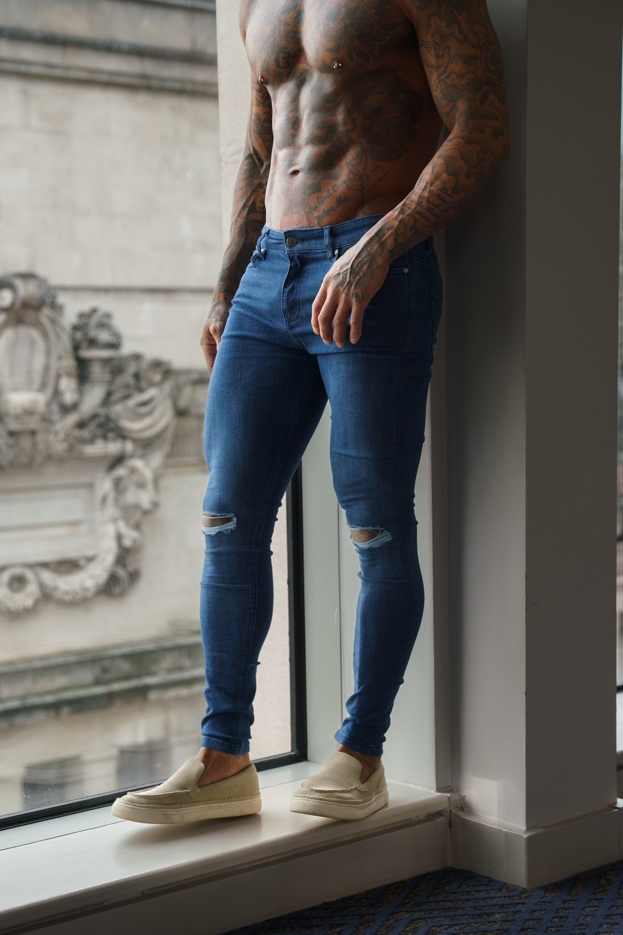 Ultra Stretch Mid Blue Slim Jeans with Knee Rips - FSJEAN011