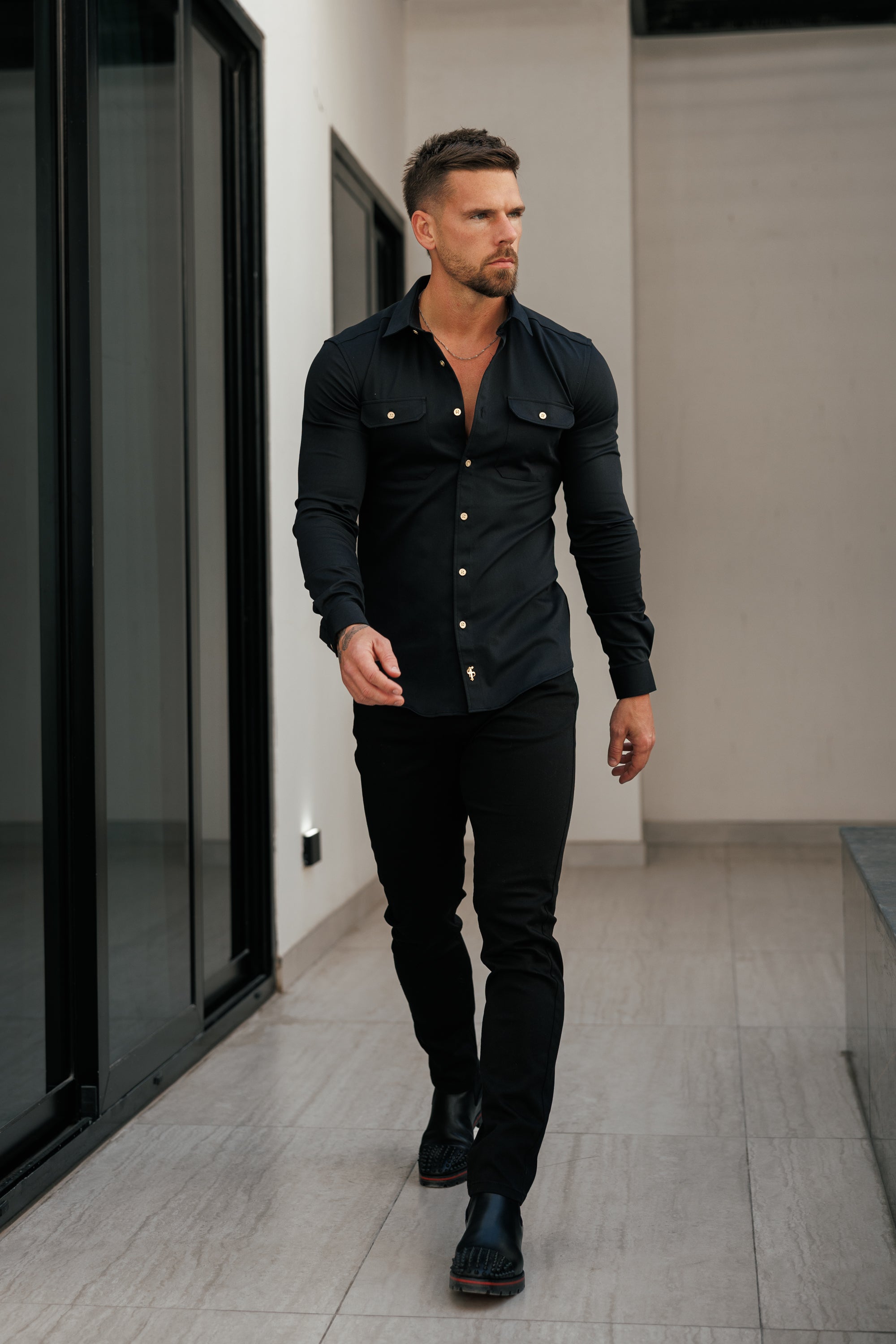 Super Slim Stretch Solid Black Denim Shacket with Gold Buttons - FS1238