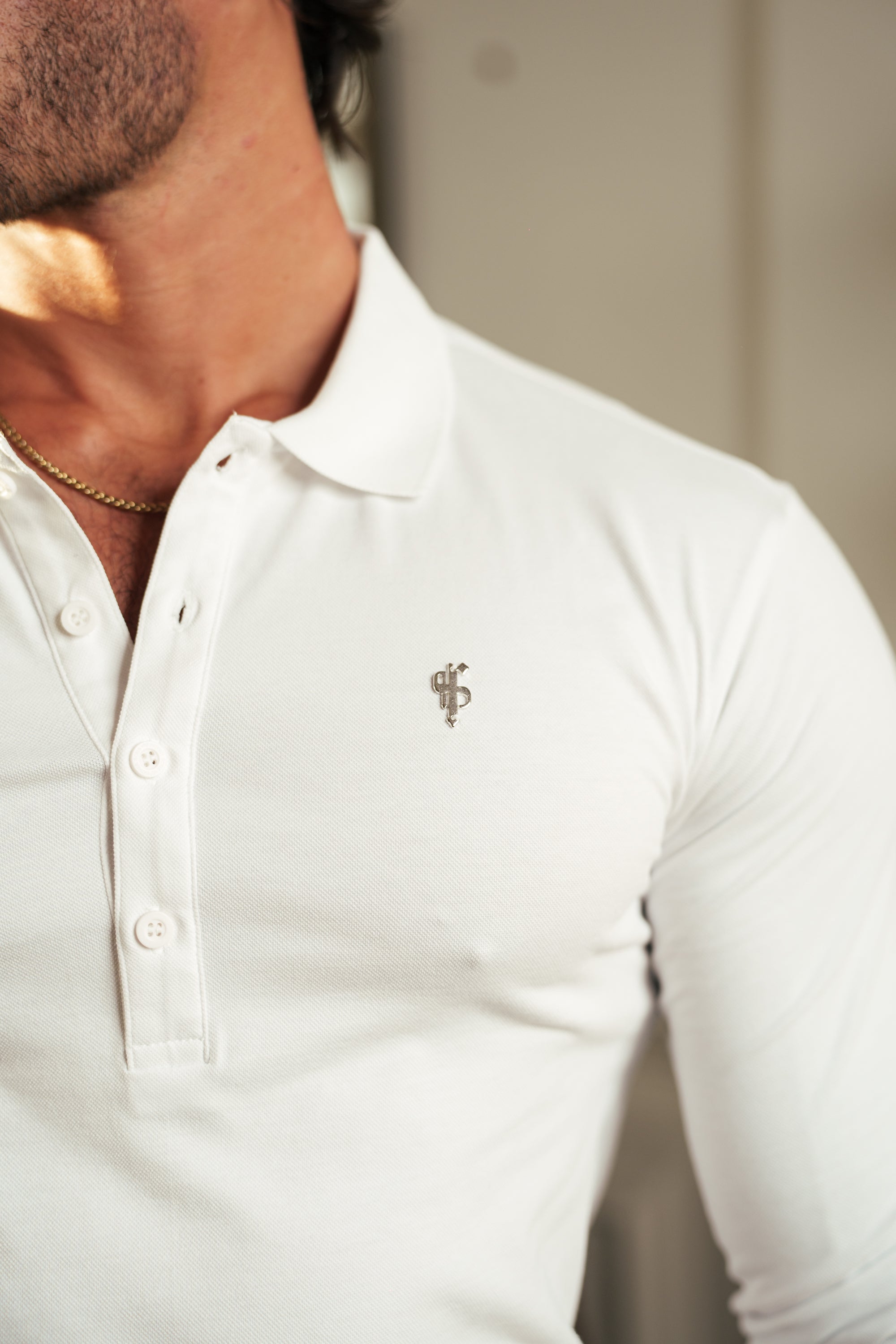 White / Silver Polo Shirt Long Sleeve - FSH1397