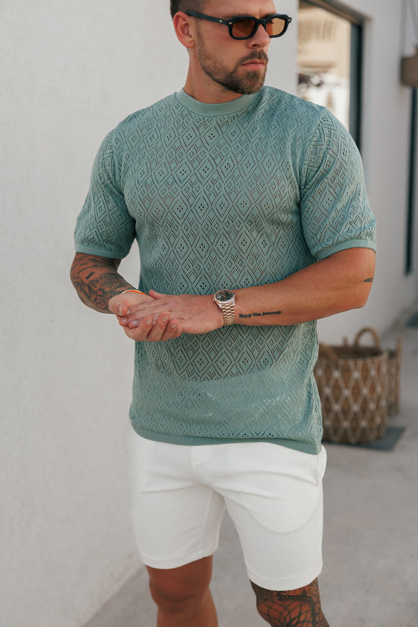 Father Sons Crochet Crew T-Shirt Light Green Short Sleeve - FSJ091