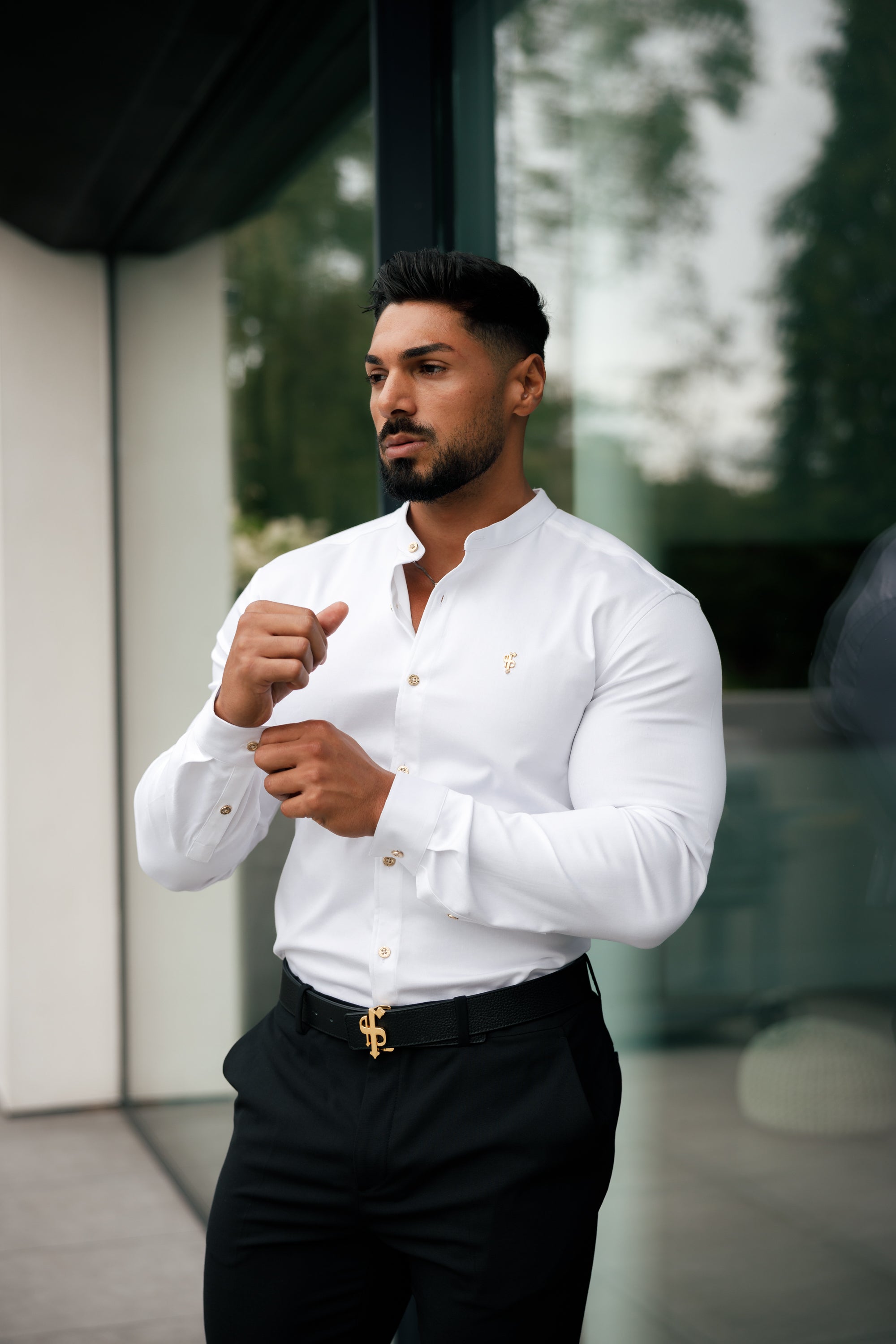 Super Slim Stretch White Denim Long Sleeve Grandad collar with Metal Buttons and Decal Emblem - FS719