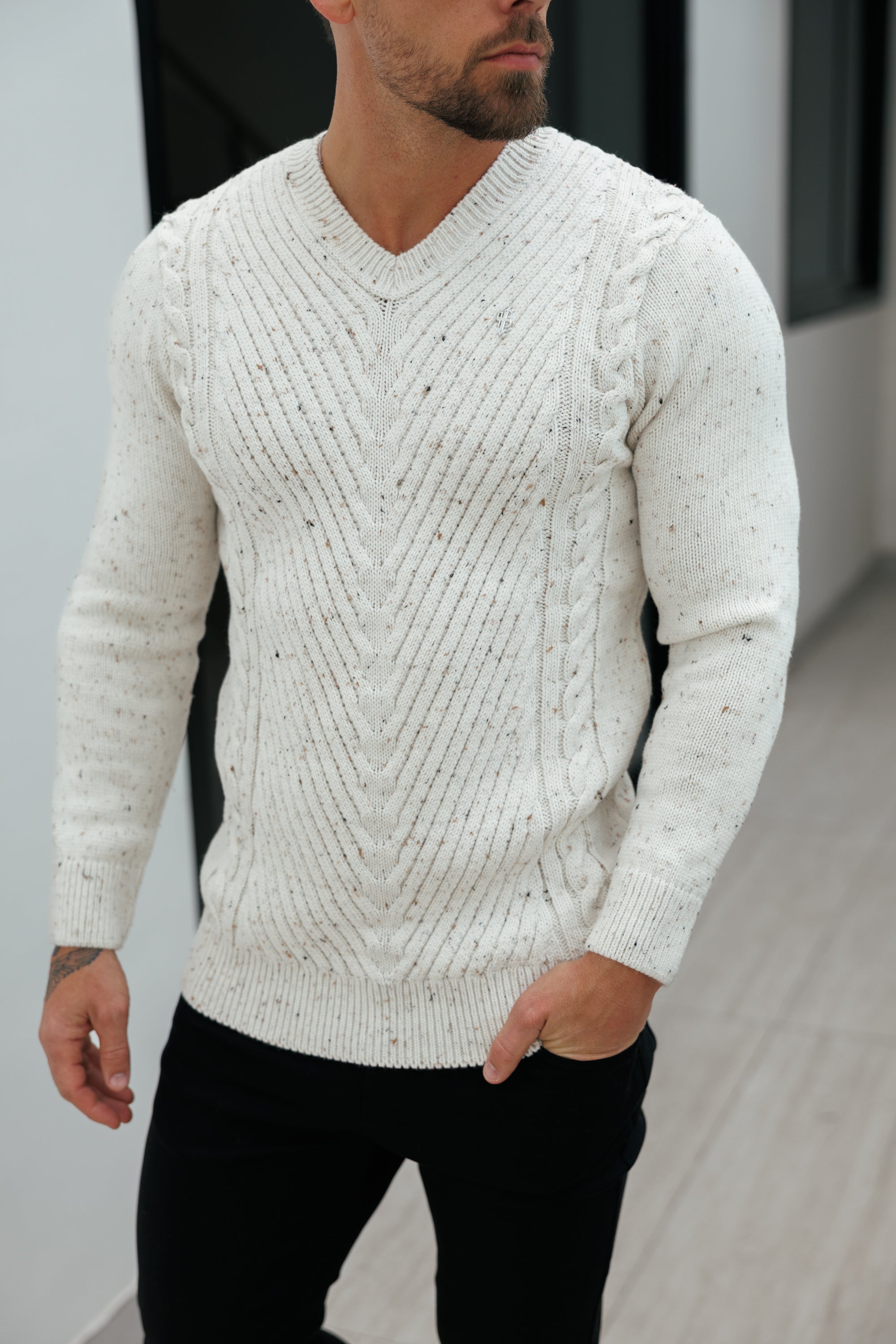 Chevron Front Beige Fleck V Neck Jumper - FSJ153