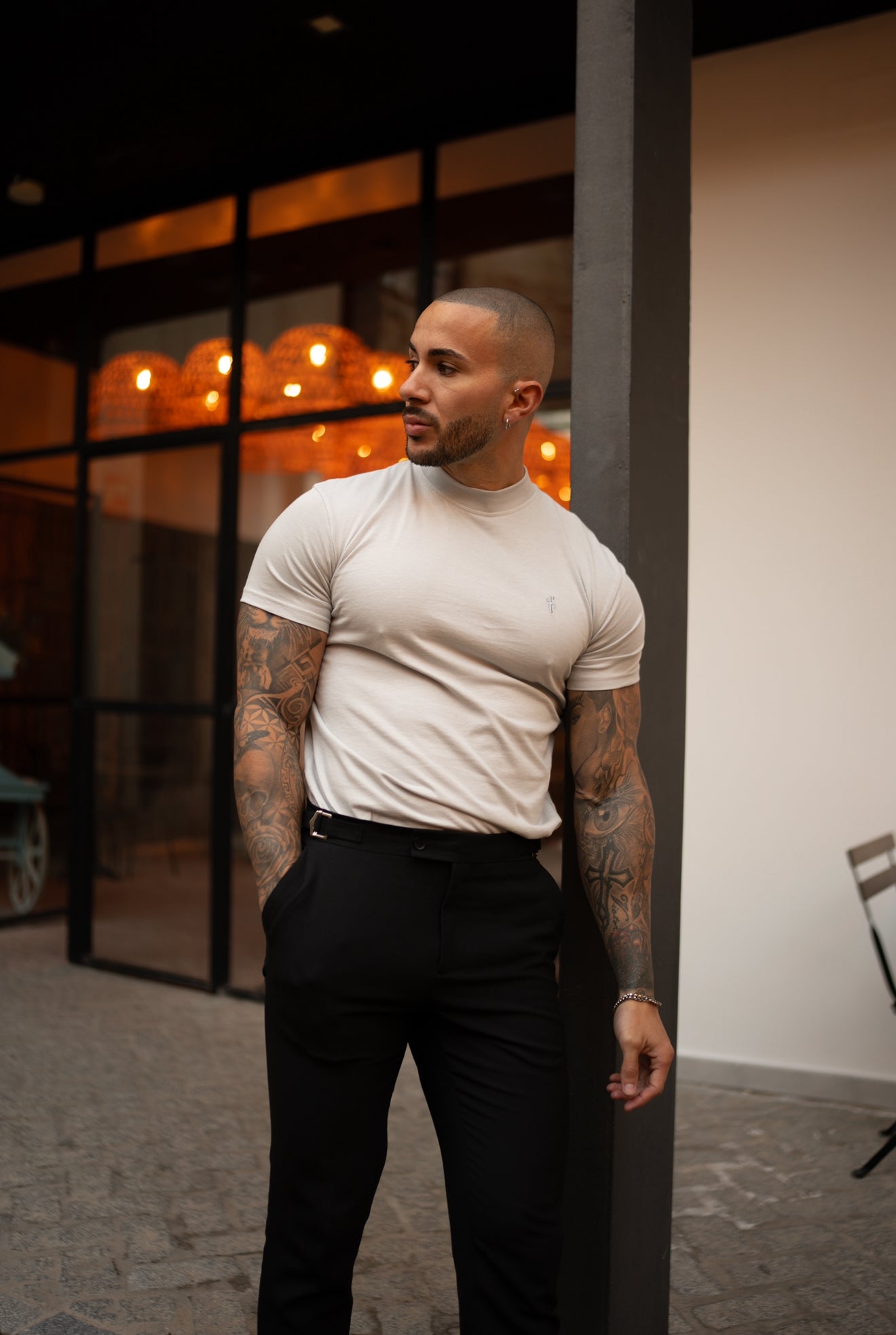 Ribbed High Neck Crew Short Sleeve Light Grey - FSH1142