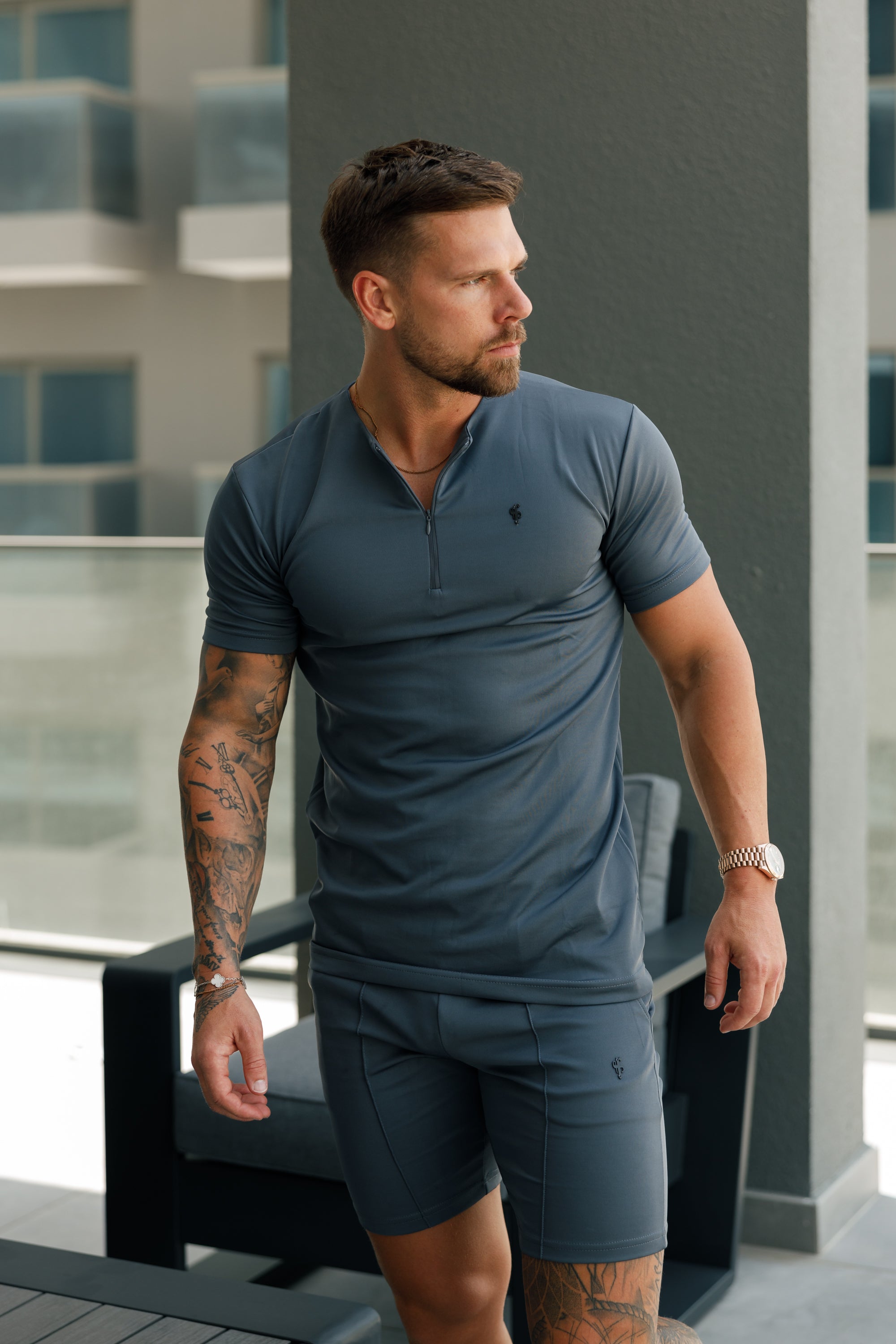 Scuba Charcoal Black Crew T Shirt With Zip Detail Short Sleeve - FSH1109