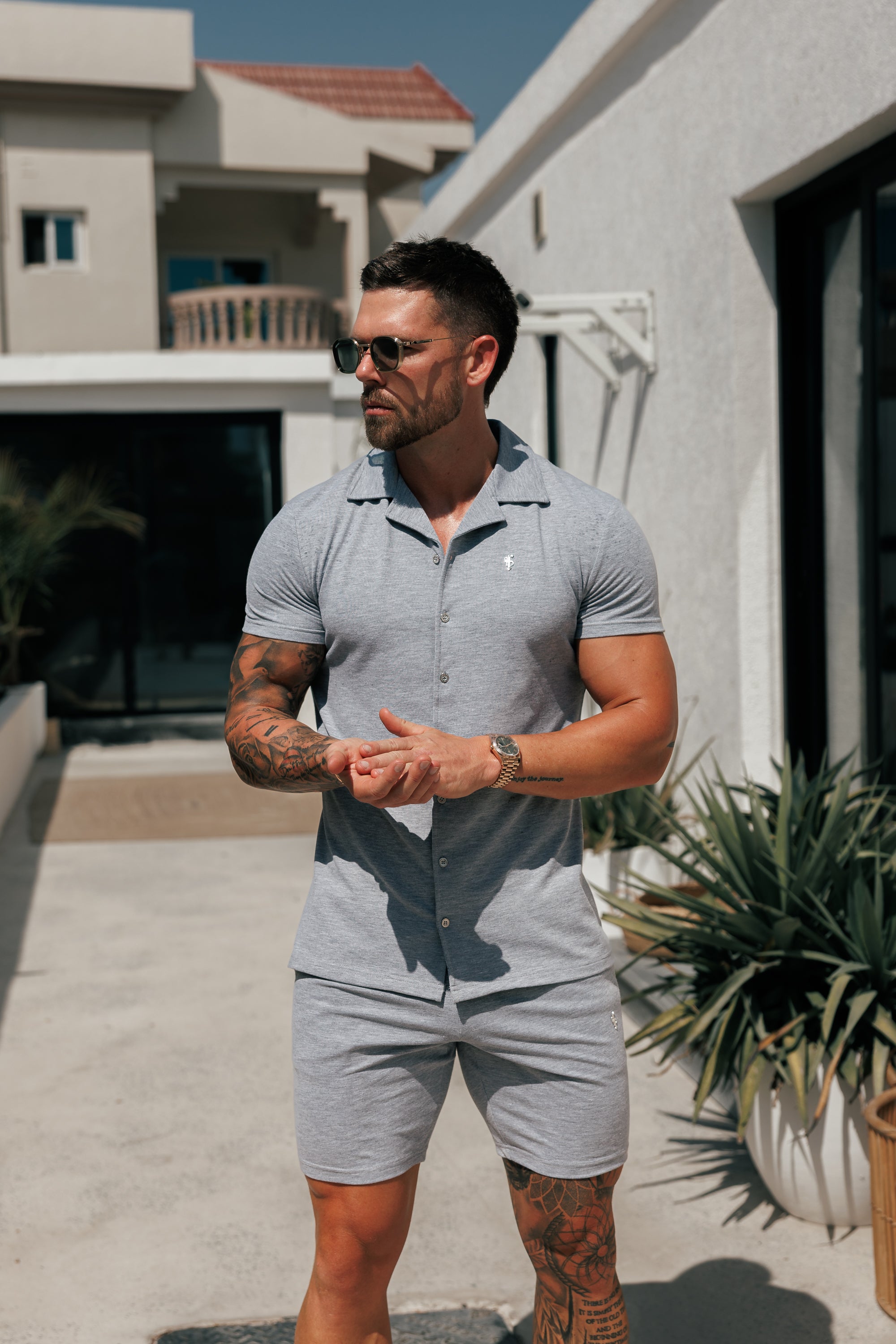 Stretch Light Grey / Silver Pique Revere Shirt Short Sleeve - FSH1357