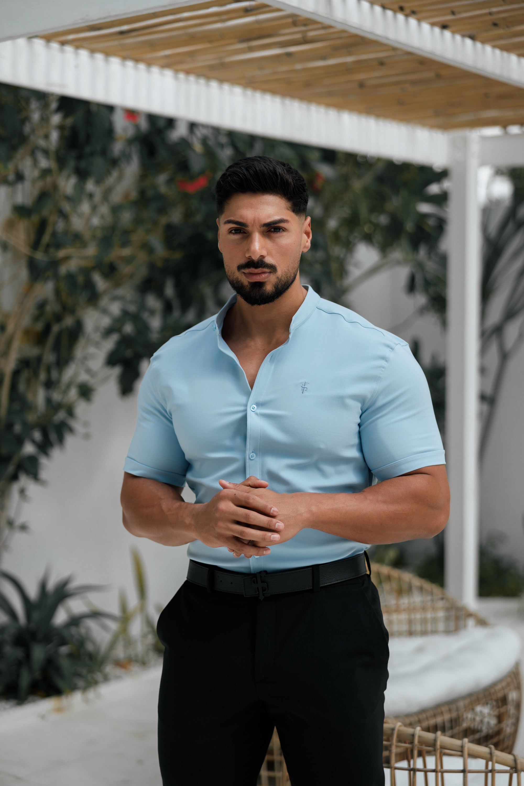 Super Slim Scuba Light Blue Short Sleeve Stretch With Grandad Collar Shirt - FS1003