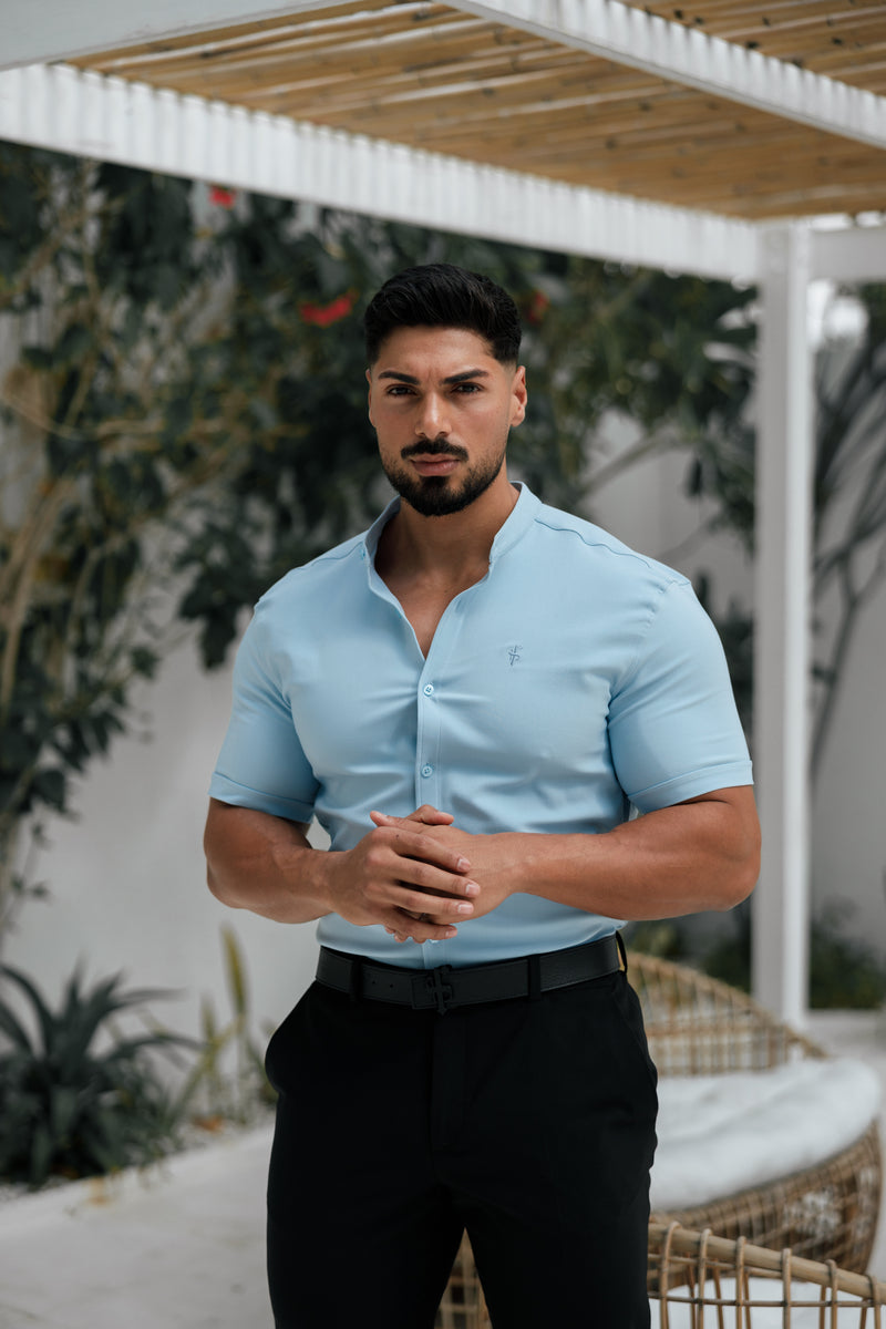 Father Sons Super Slim Scuba Light Blue Short Sleeve Stretch With Grandad Collar Shirt - FS1003