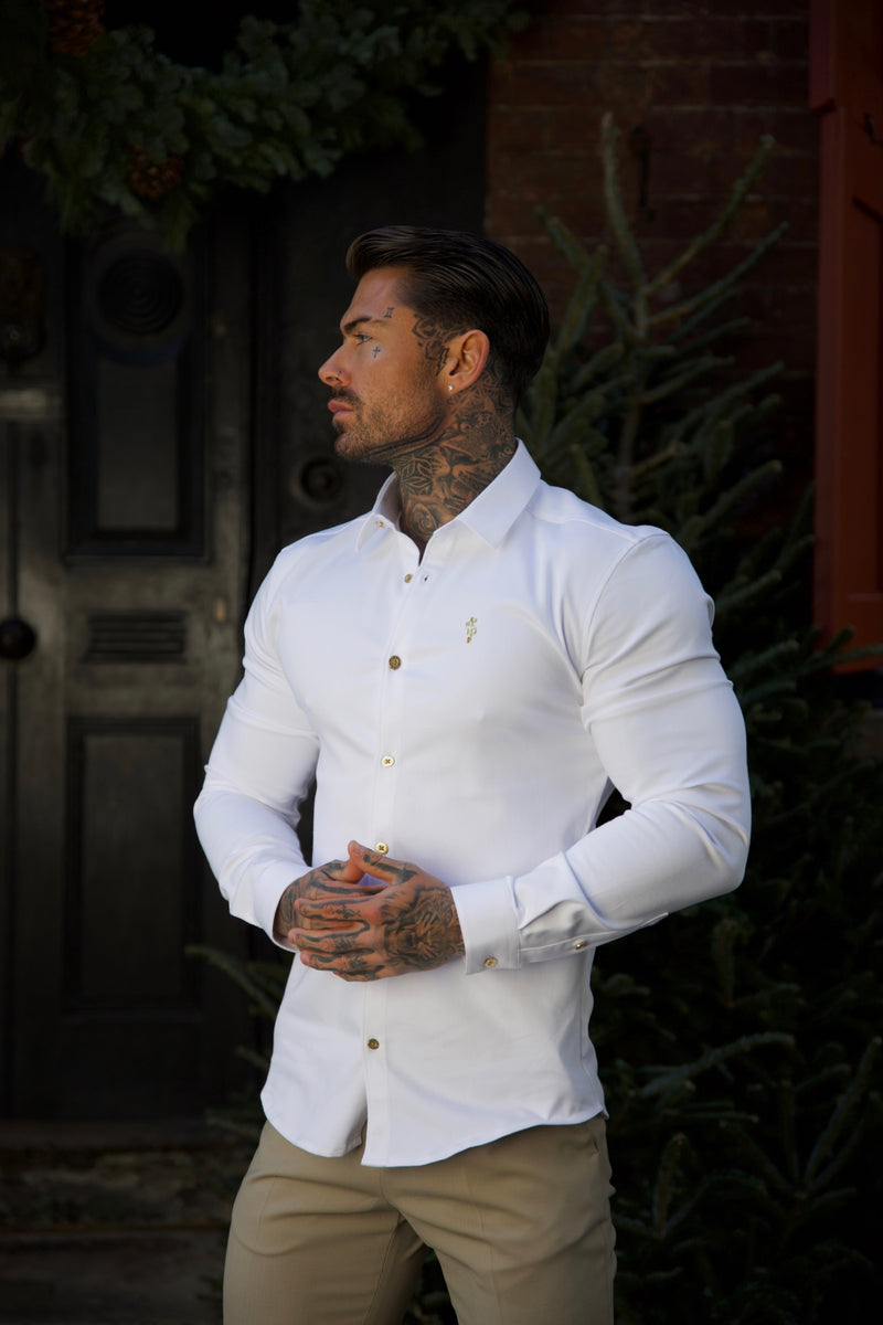 Father Sons Super Slim Stretch White Denim Long Sleeve with Gold Metal Decal and Buttons - FS925