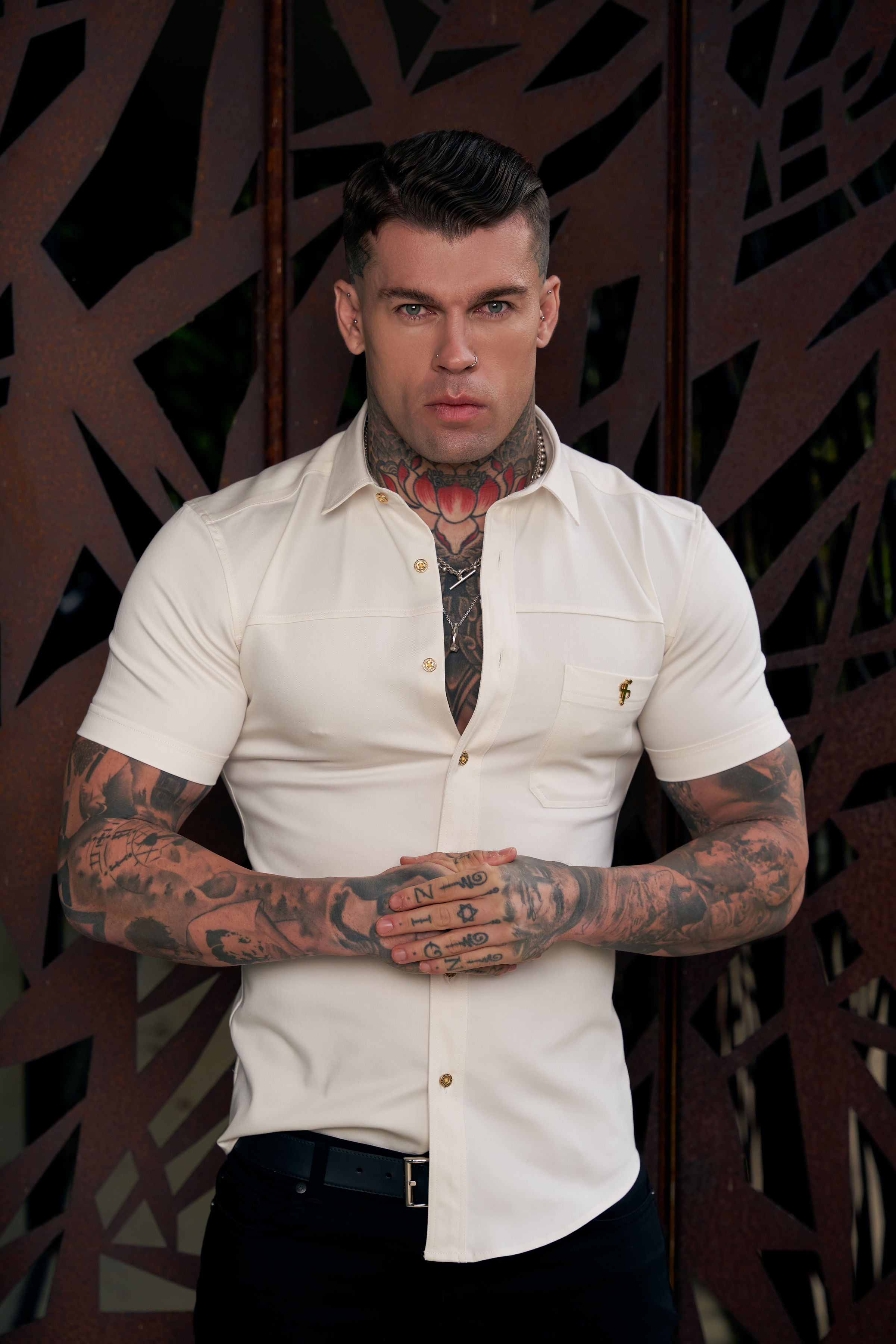 Super Slim Stretch Cream Denim Short Sleeve with Horizontal Seam and Pocket- FS955