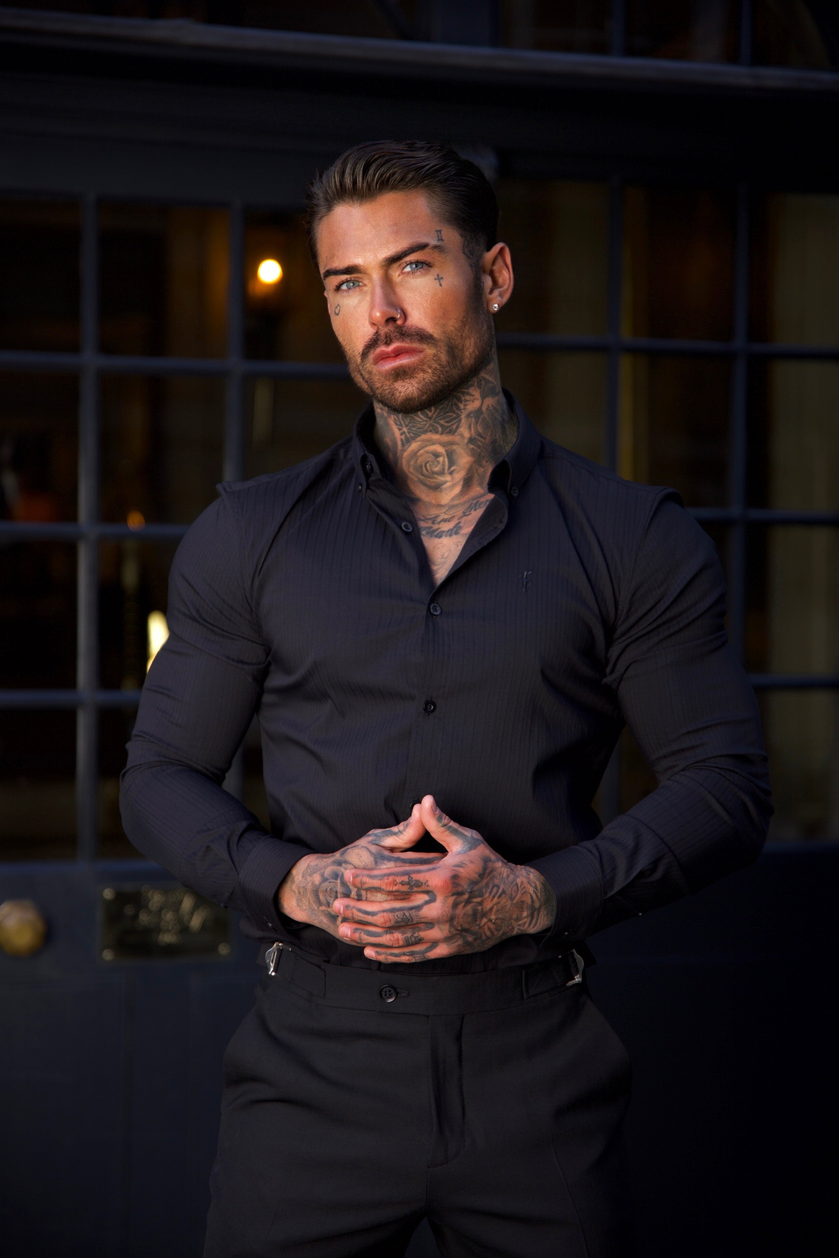 Super Slim Stretch Black Self Woven Stripe Long Sleeve with Button Down Collar - FS991