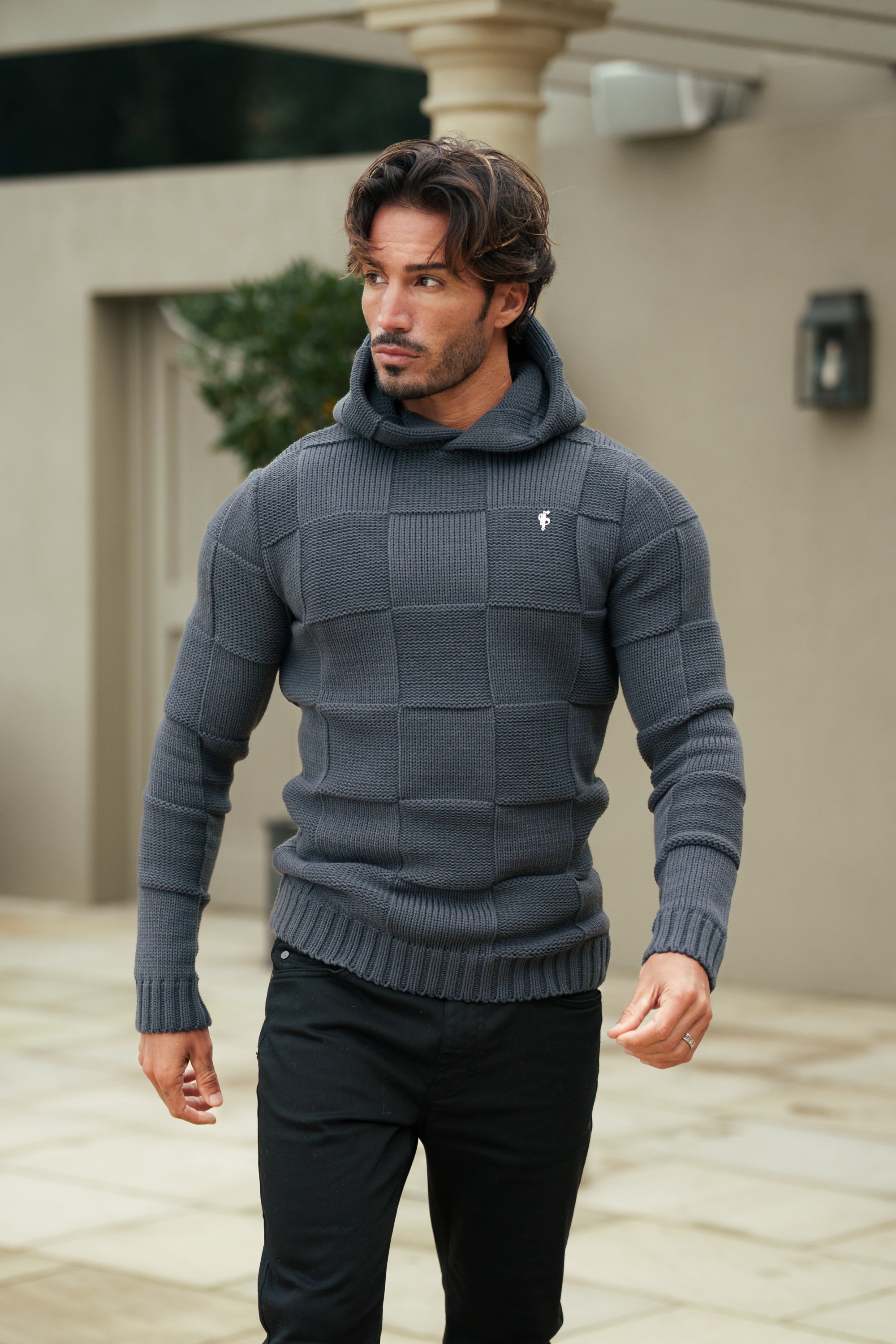 Gunmetal Checkerboard Knitted Hoodie - FSJ136
