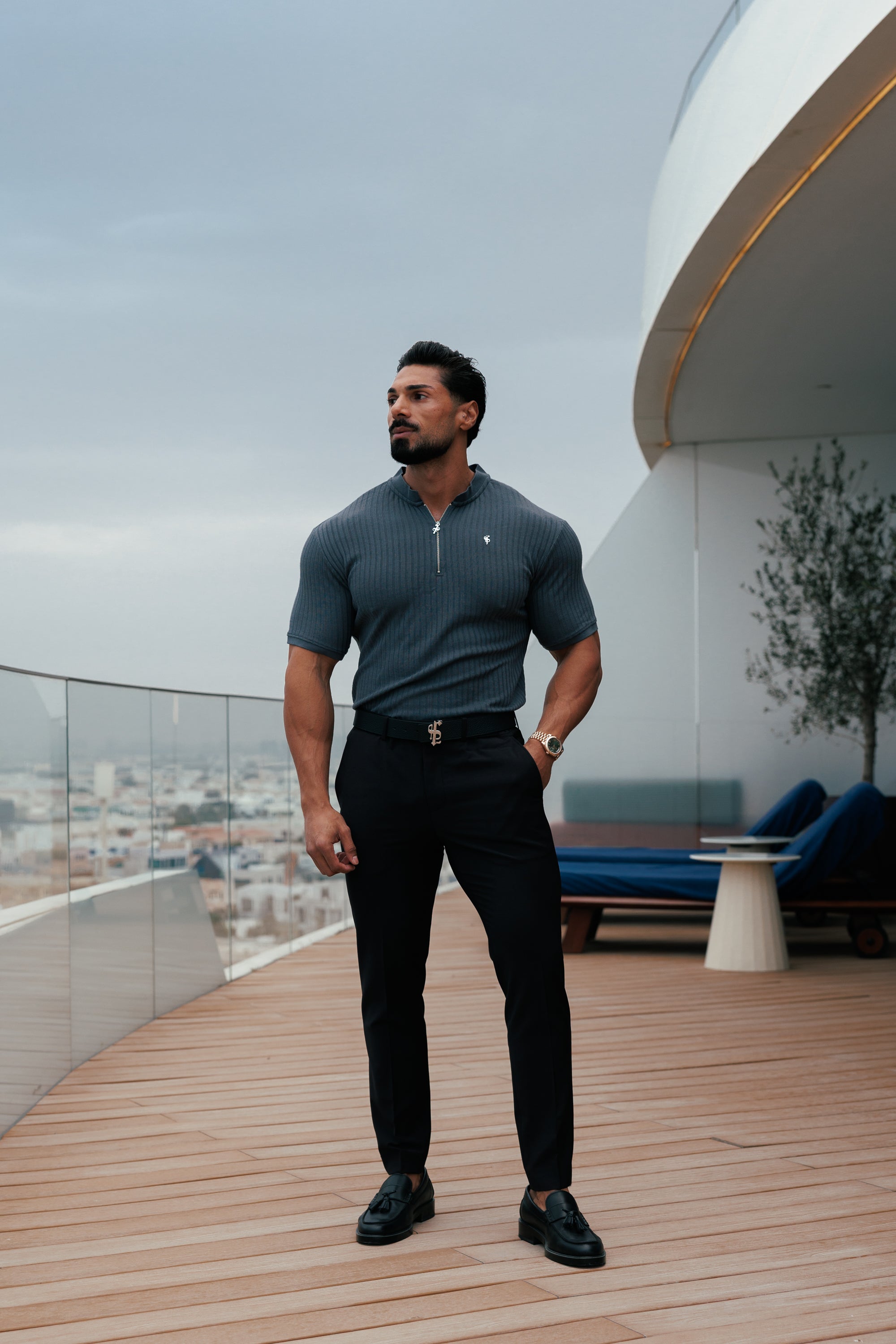 Classic Charcoal / Silver Ribbed Zip Grandad Collar Shirt Short Sleeve - FSH1448