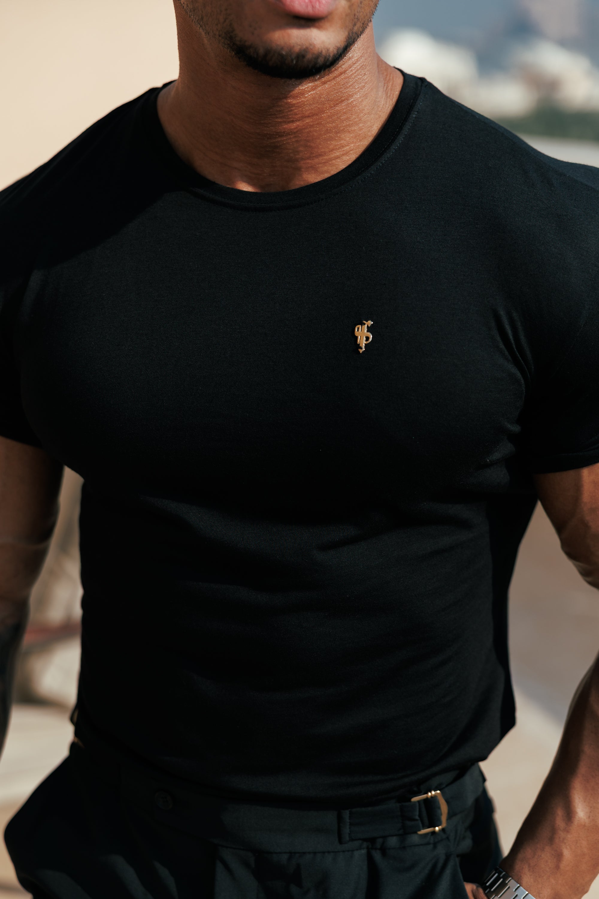 Black Bamboo Crew Tshirt with Gold Metal Emblem Decal FSH1382