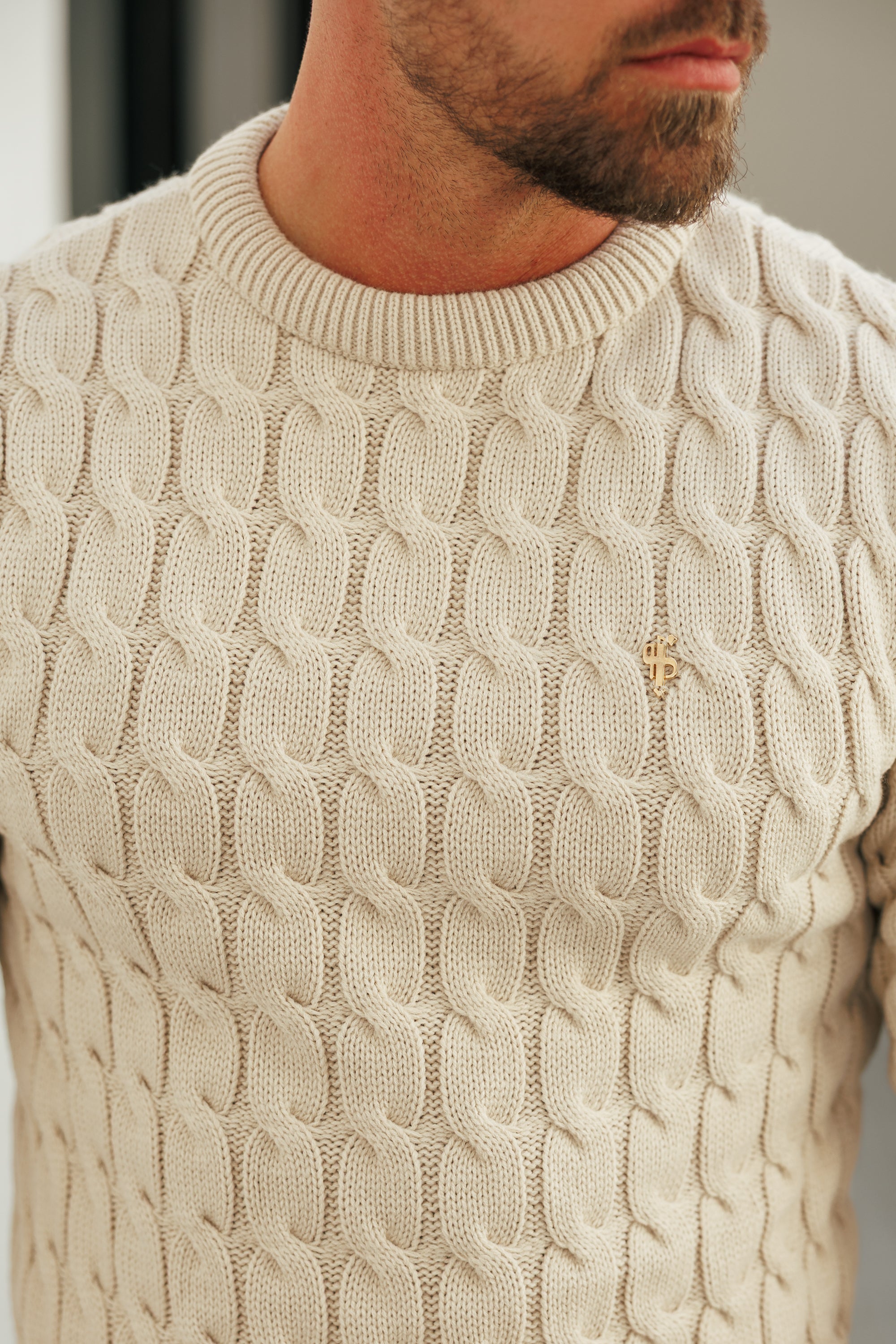 Link Weave Knit Beige Crew Neck Jumper - FSJ127