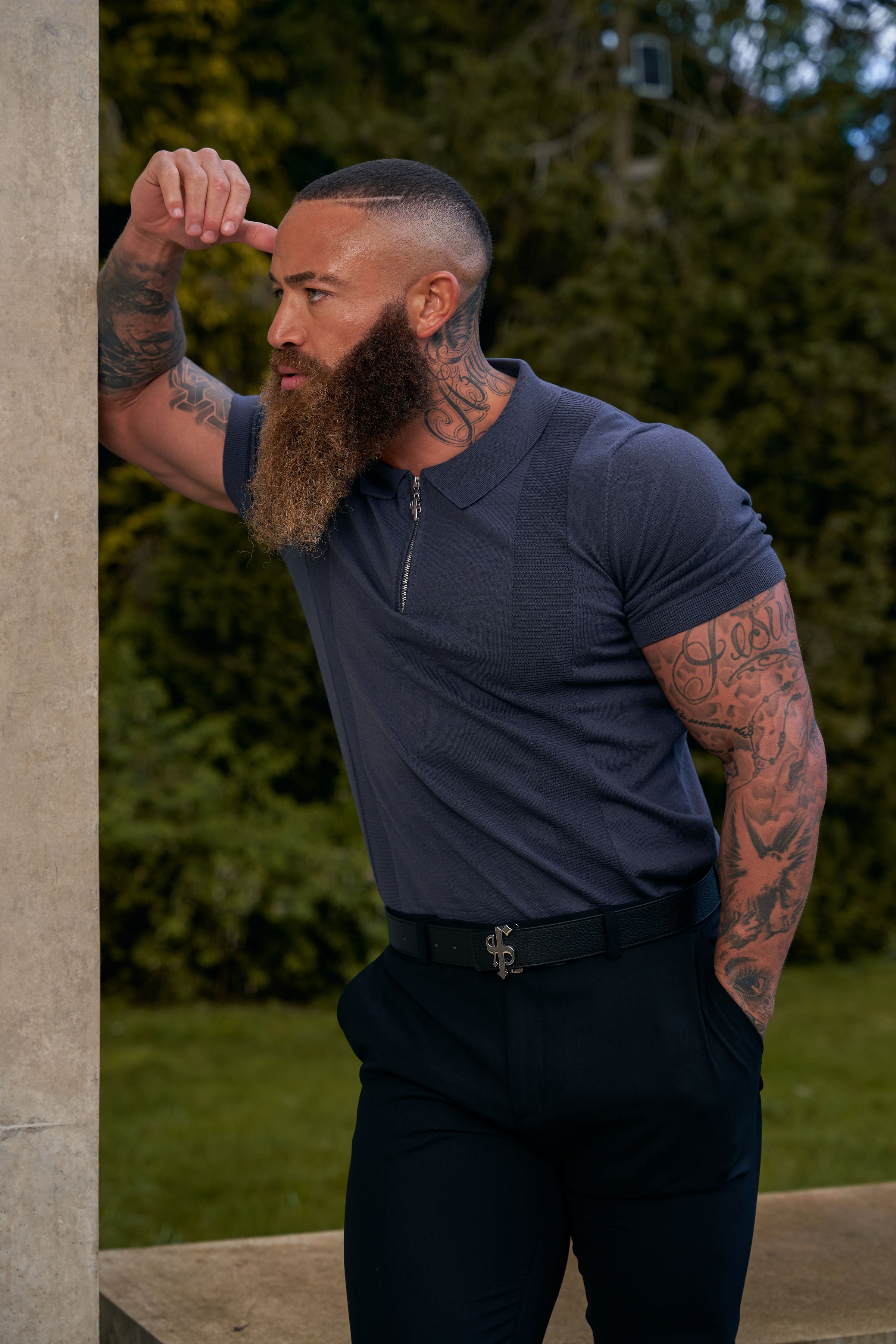 Classic Gunmetal and Silver Zip Knitted Polo Shirt Short Sleeve  - FSN133