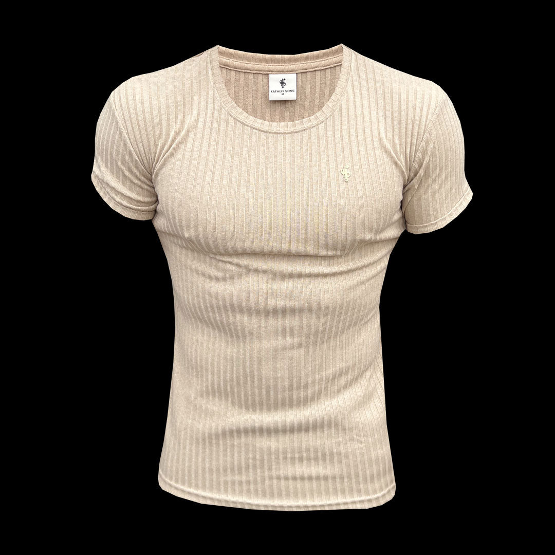 Classic Beige / Gold Ribbed Knit Super Slim Short Sleeve Crew - FSH1088