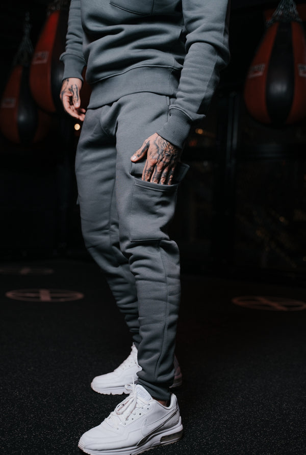 Father Sons Dark Grey Cargo Tracksuit Sweat Pants With Pockets, Cuffed Hem and FS Embroidery - FSH938