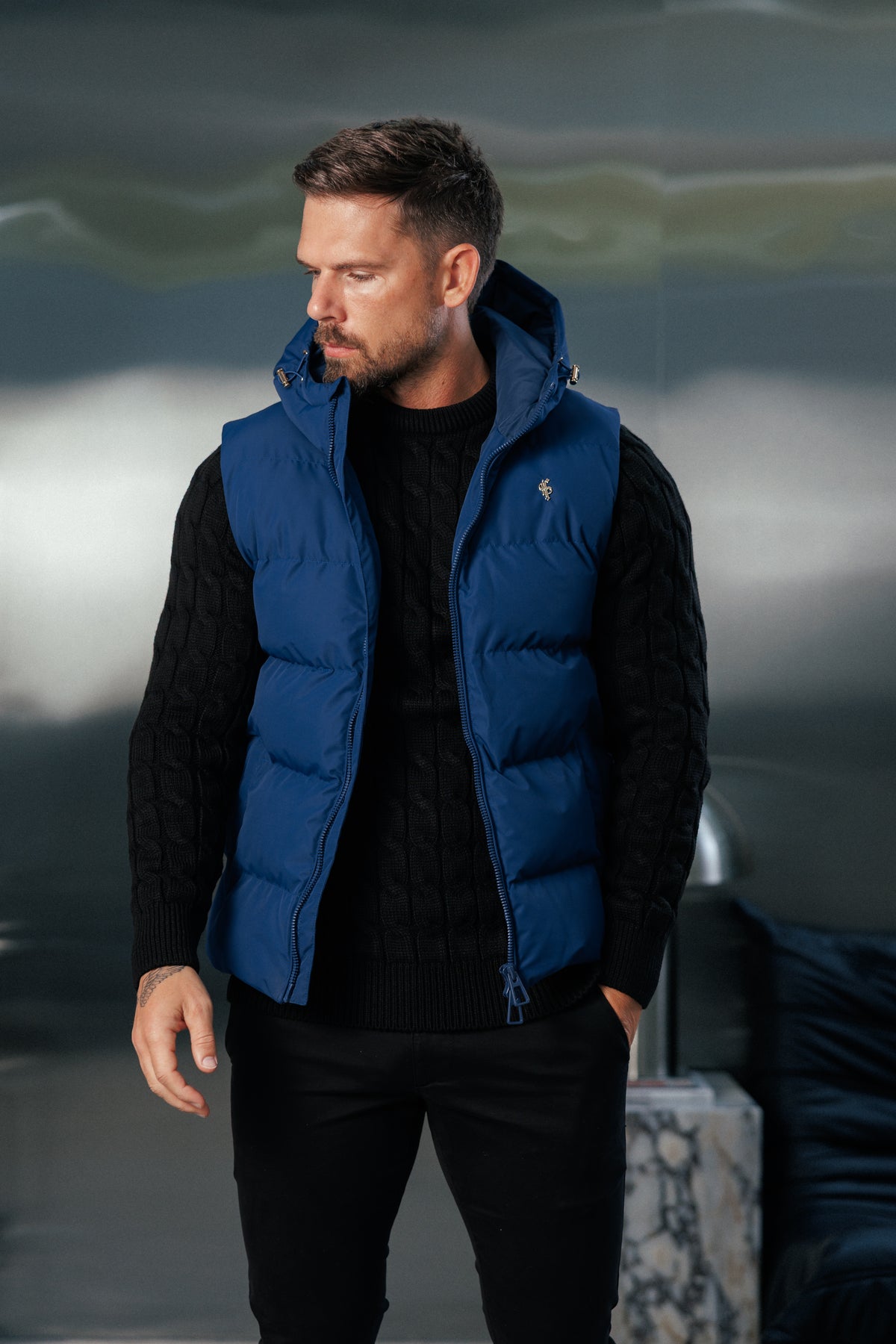Navy Padded Hooded Gilet - FSN242
