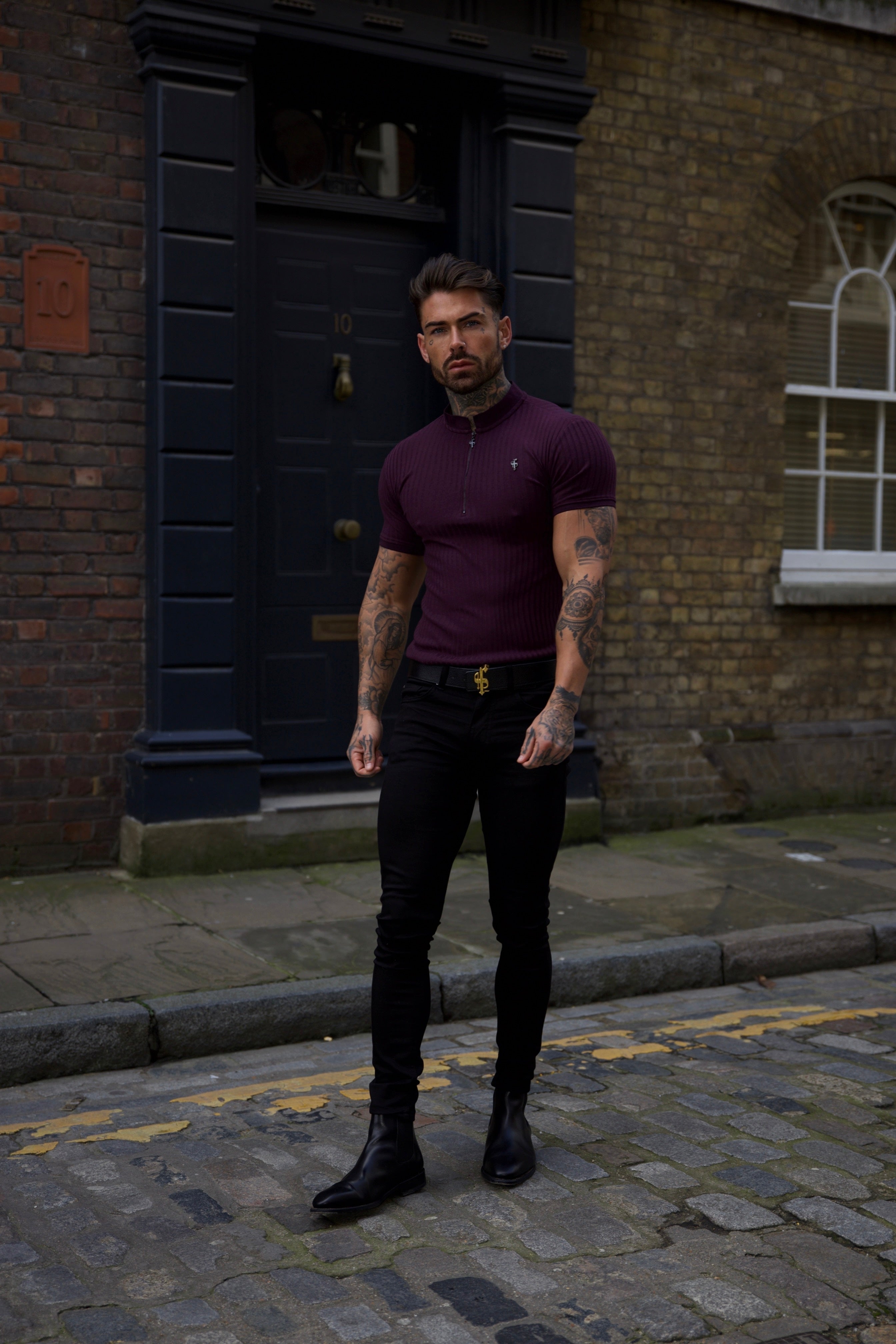 Classic Plum / Black Ribbed Black Zip Grandad Collar Shirt Short Sleeve - FSH918