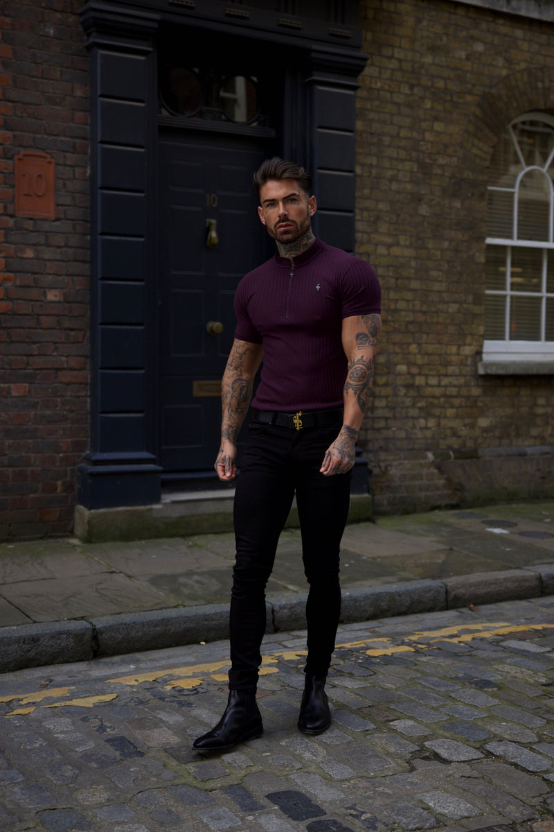 Father Sons Classic Plum / Black Ribbed Black Zip Grandad Collar Shirt Short Sleeve - FSH918