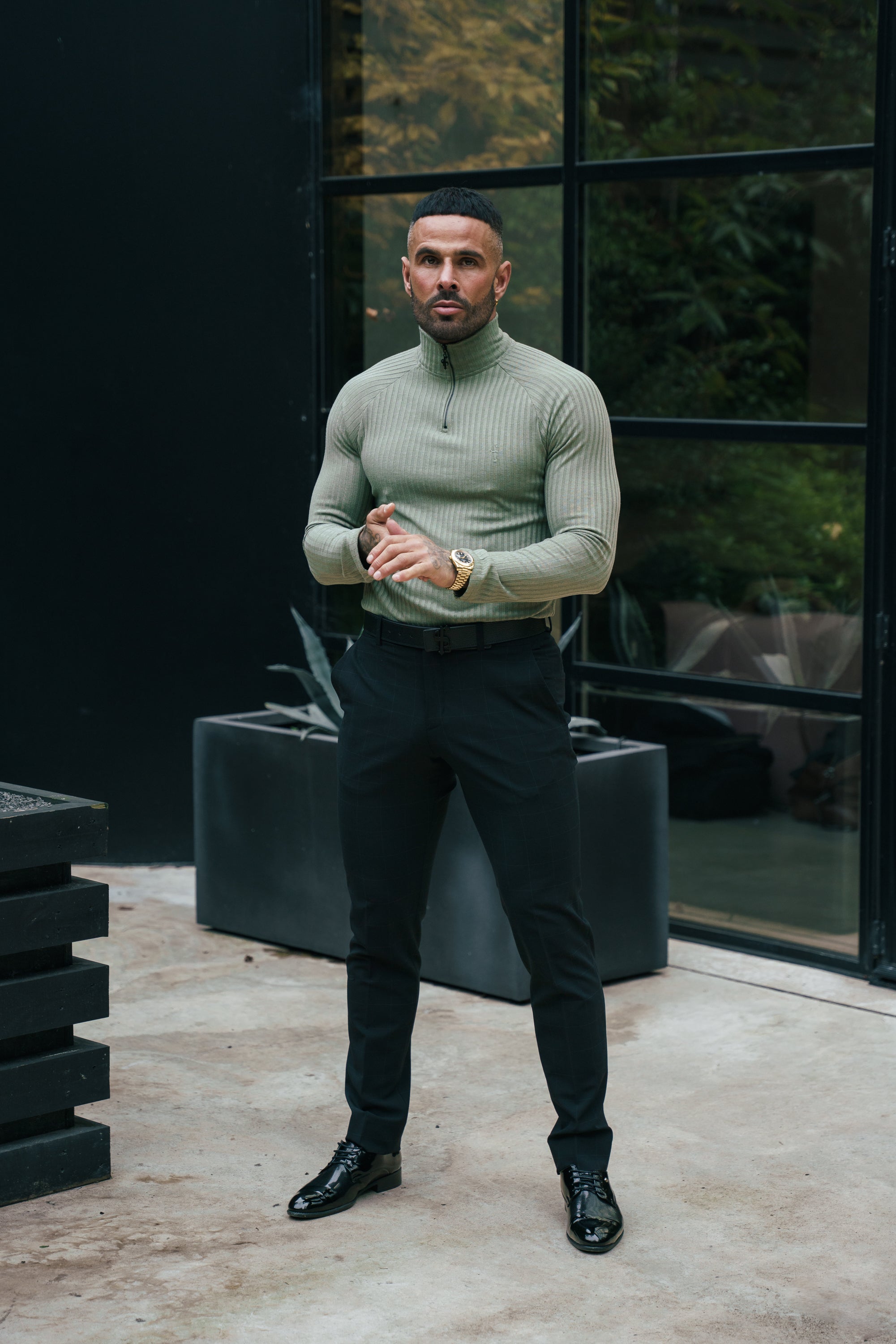 Classic Olive Ribbed Zip Funnel Neck Raglan Long Sleeve Crew - FSH1297