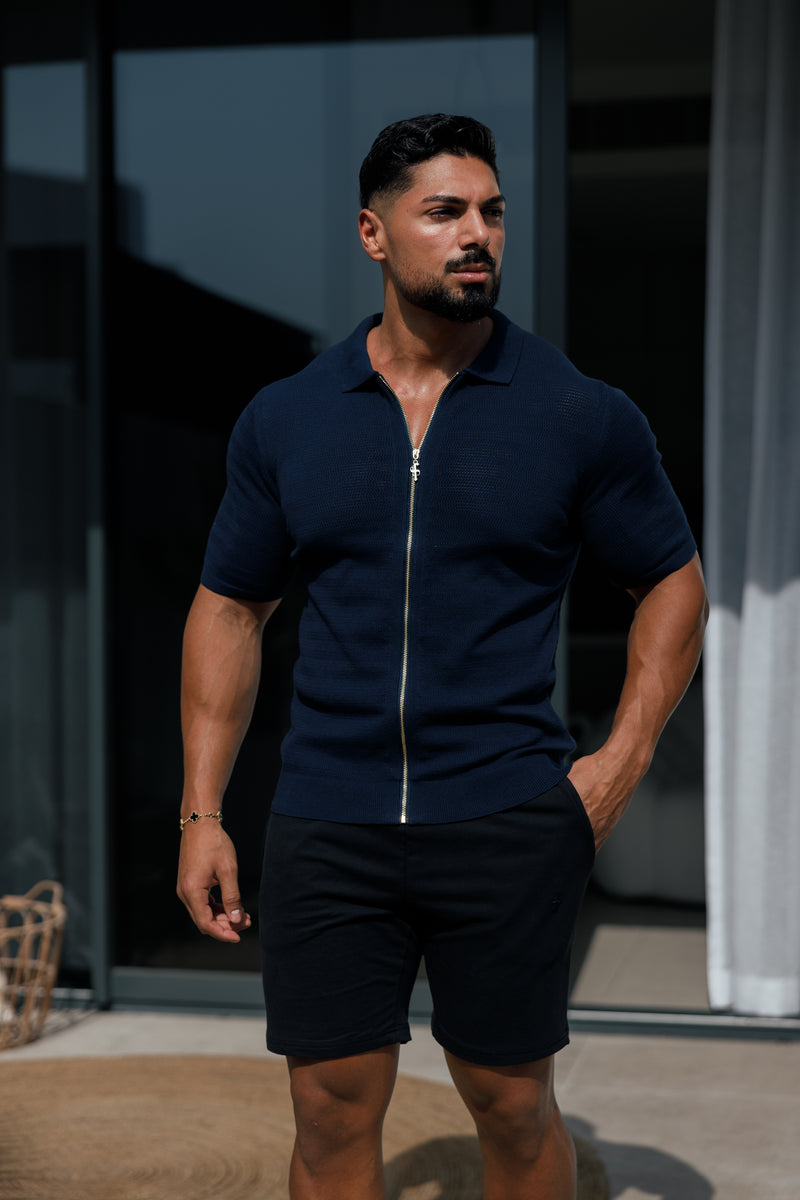 Father Sons Classic Knitted Textured Design With Full Length Zip Navy Short Sleeve - FSN153