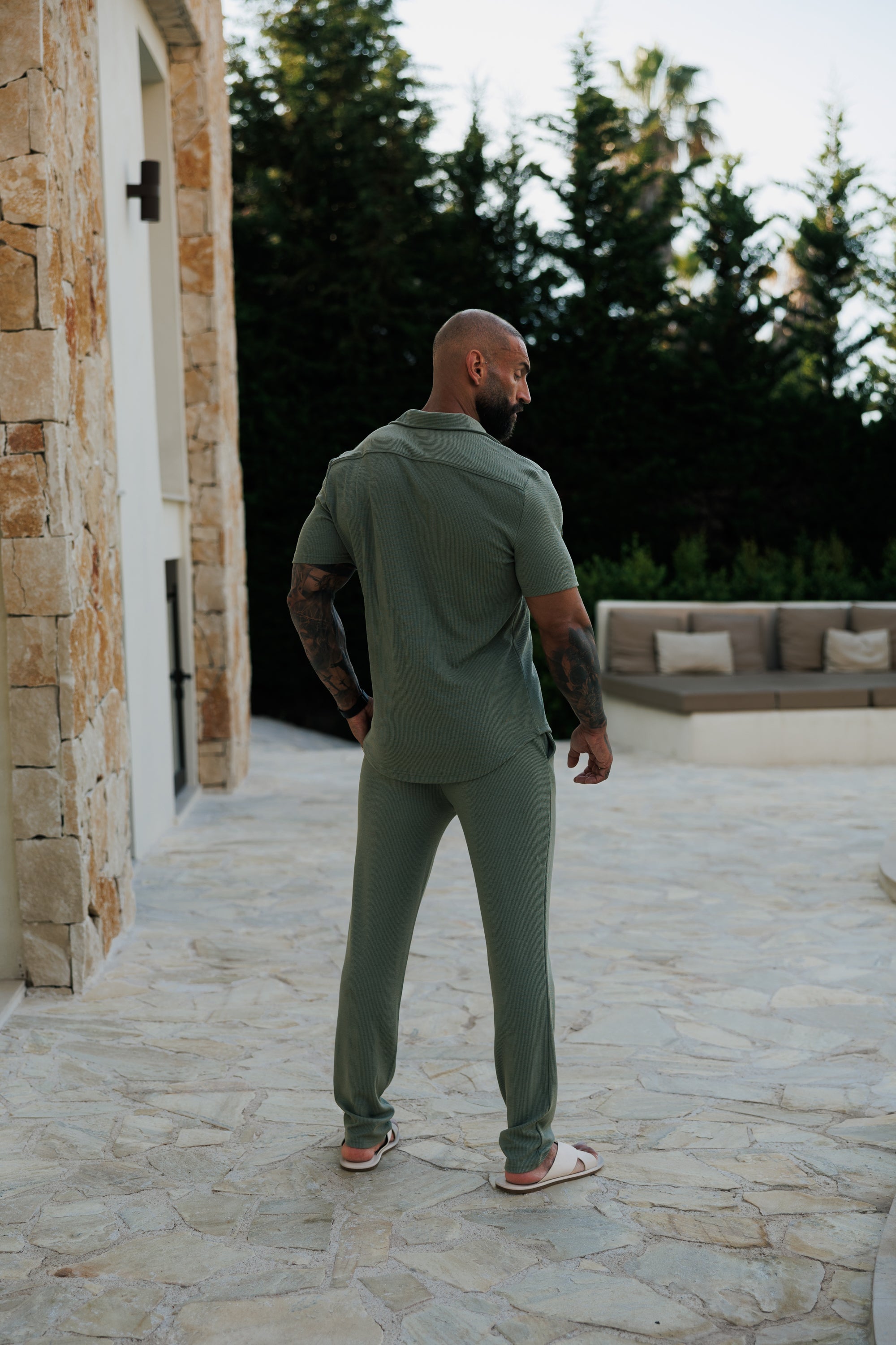 Jersey Cord Stretch Olive Revere Shirt Short Sleeve - FSR072