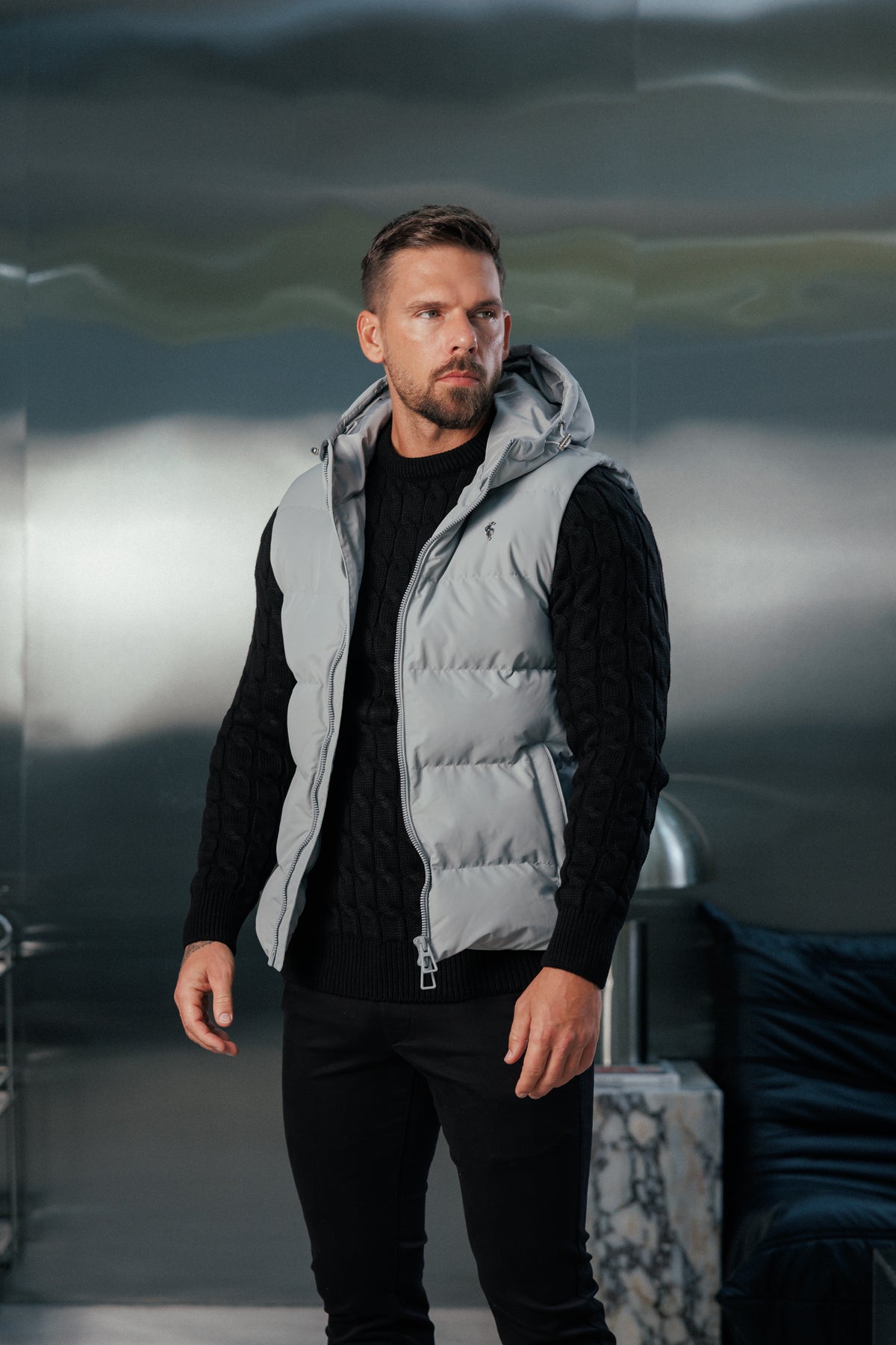 Mid Grey Padded Hooded Gilet - FSN244