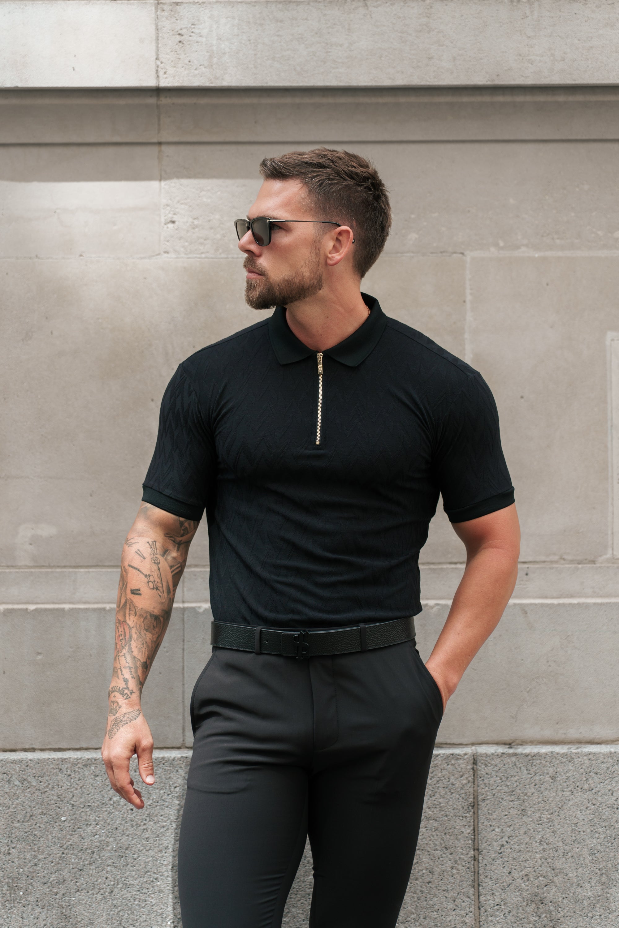 Classic Jacquard Black Chevron Zipped Polo - FSR019