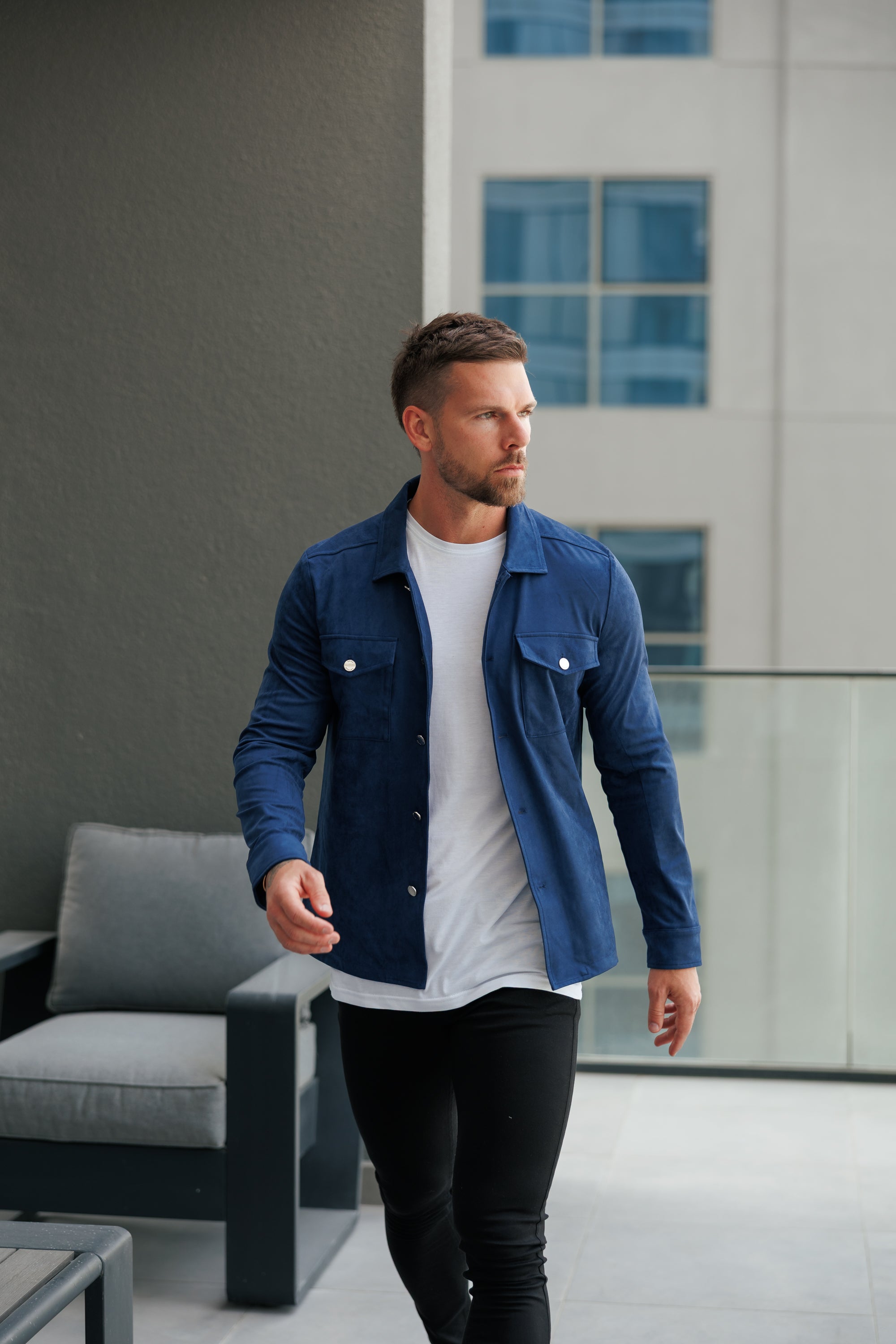 Suede Feel Button Up Jacket Navy / Silver - FSN221