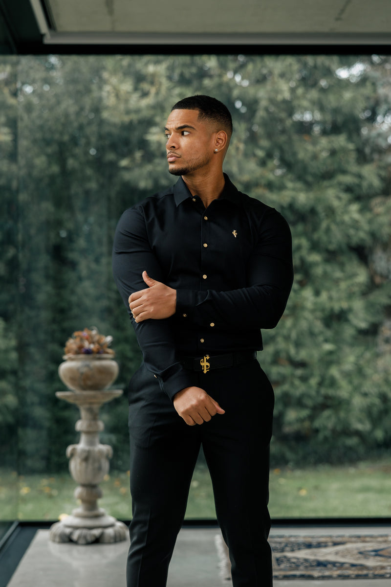 Father Sons Super Slim Stretch Black Denim Long Sleeve with Gold Metal Decal and Buttons - FS923