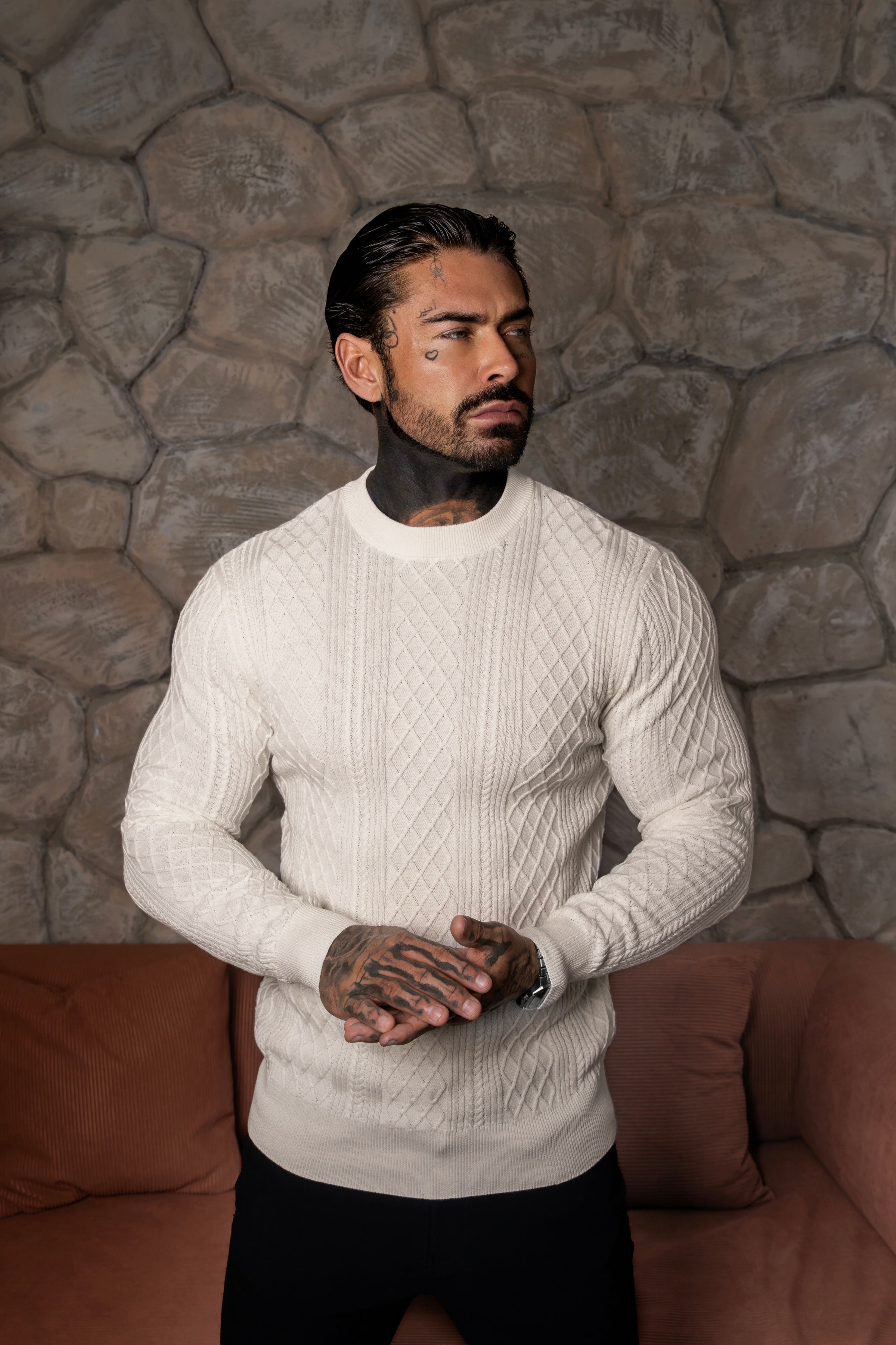 Fine Knit Diamond Off White Jumper Long Sleeve  -  FSA005