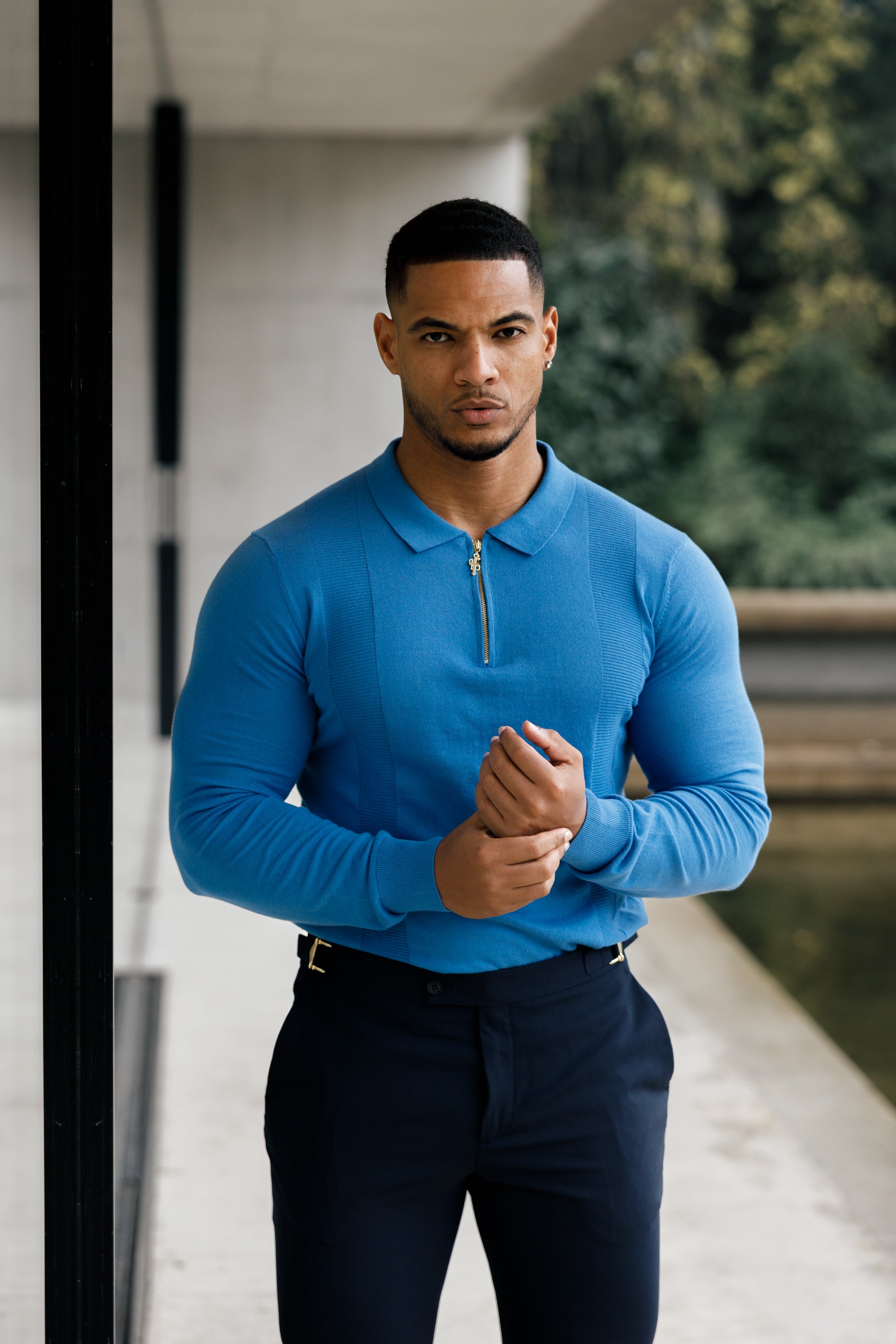 Classic Mid Blue and Gold Zip Knitted Polo Shirt Long Sleeve - FSN129