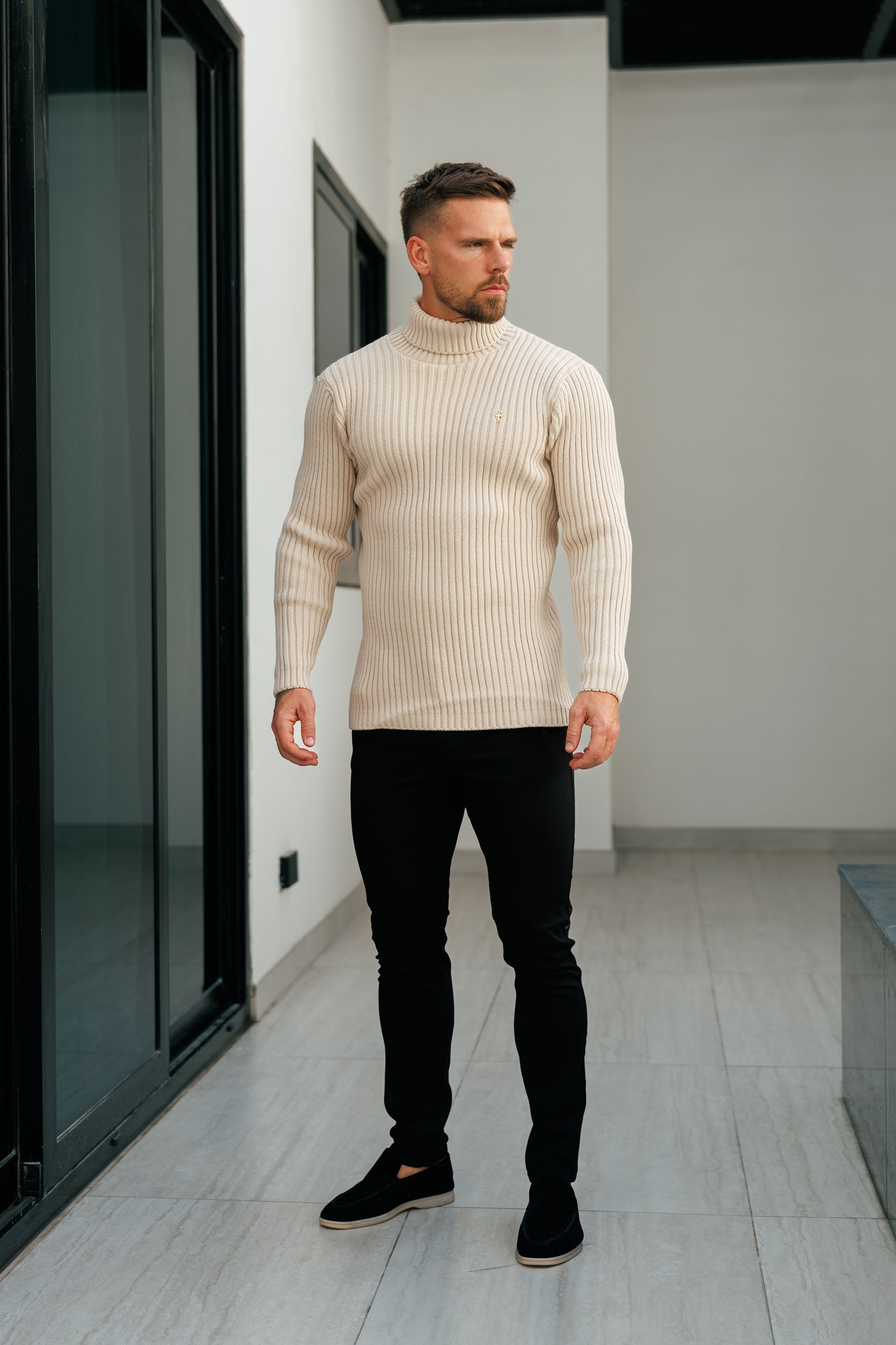 Ribbed Knit Beige Roll Neck Jumper - FSJ112