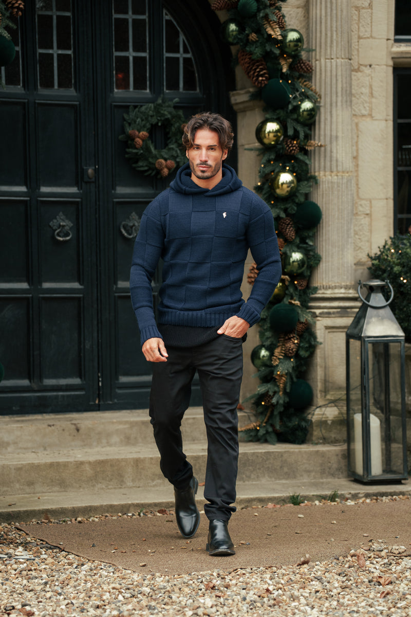 Father Sons Navy Checkerboard Knitted Hoodie - FSJ138 (PRE ORDER 11TH DECEMBER)