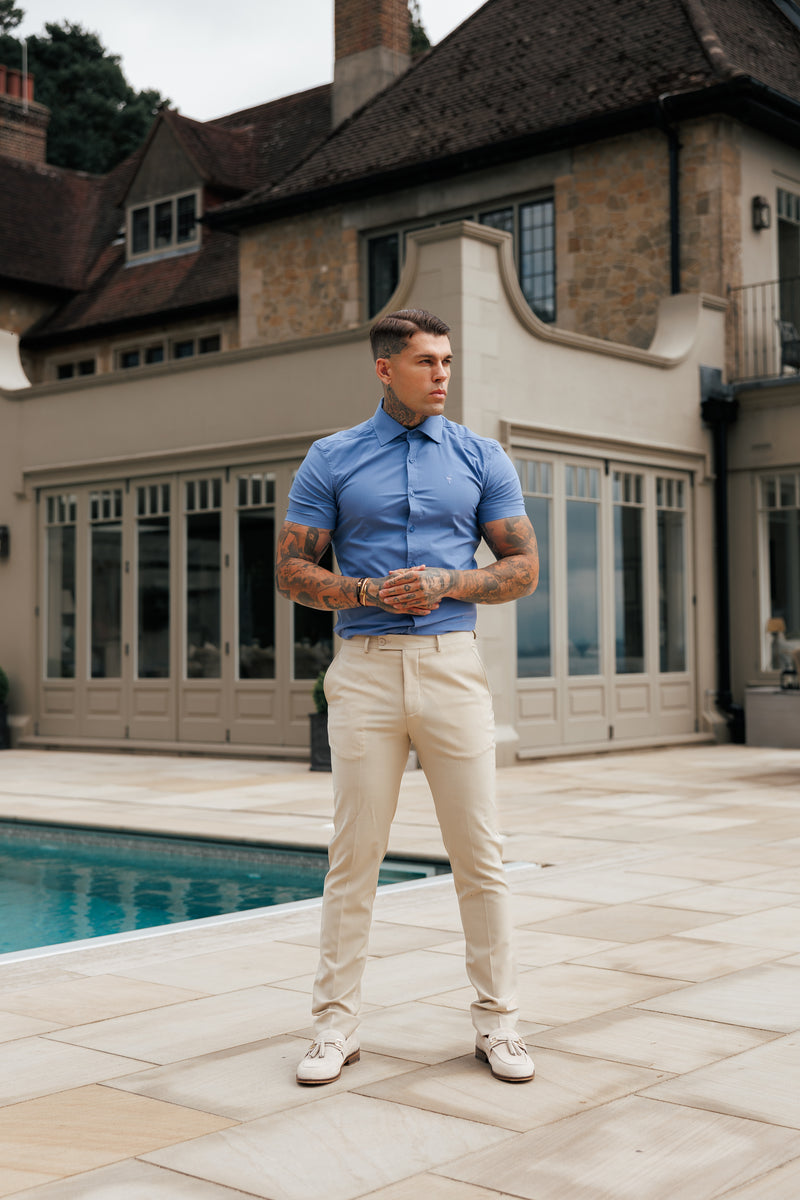 Father Sons Muscle Fit Advanced Stretch Mid Blue Short Sleeve with Cutaway Collar - FS1203
