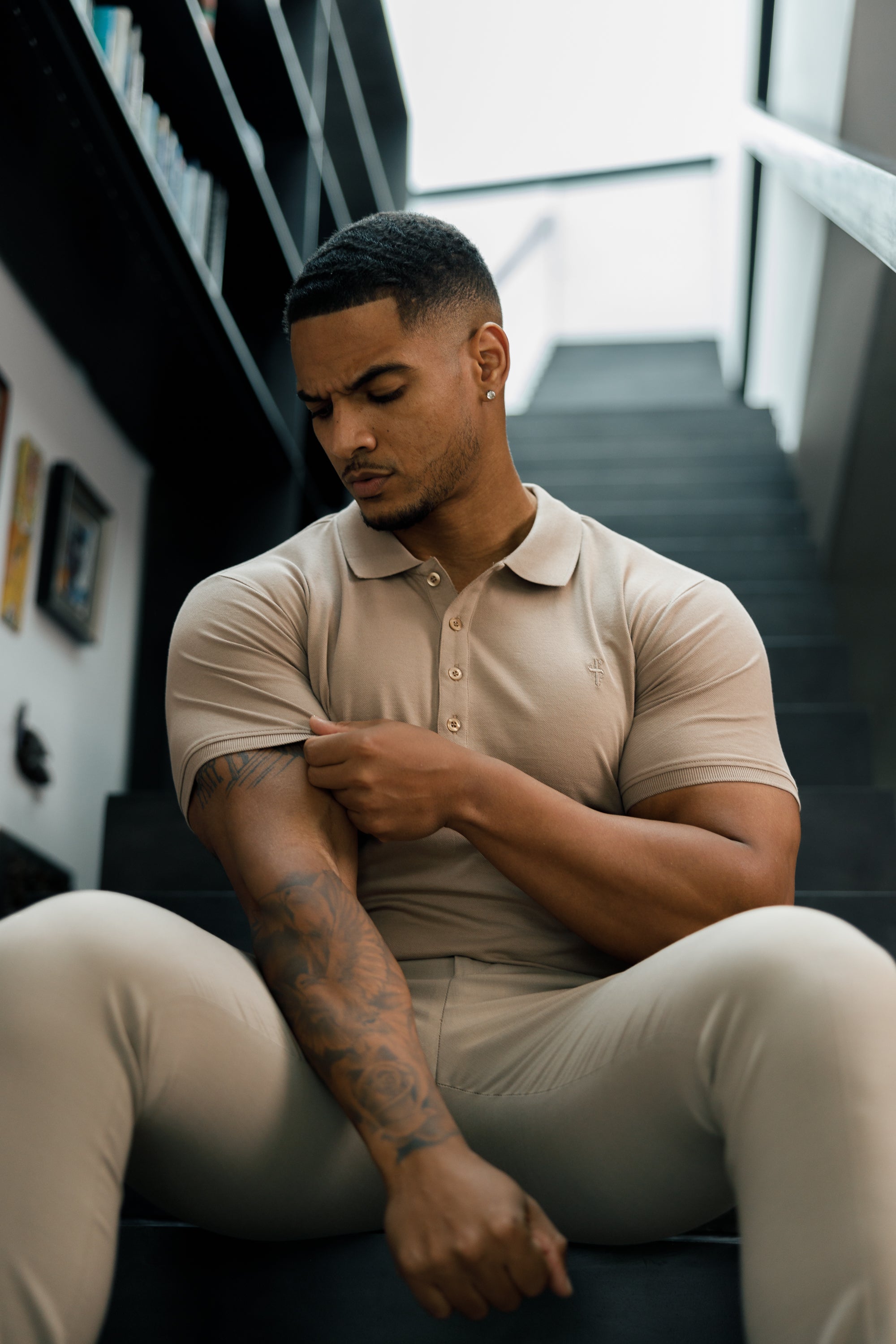 Classic Taupe Polo Shirt with Tonal Button and Embroidery - FSH913