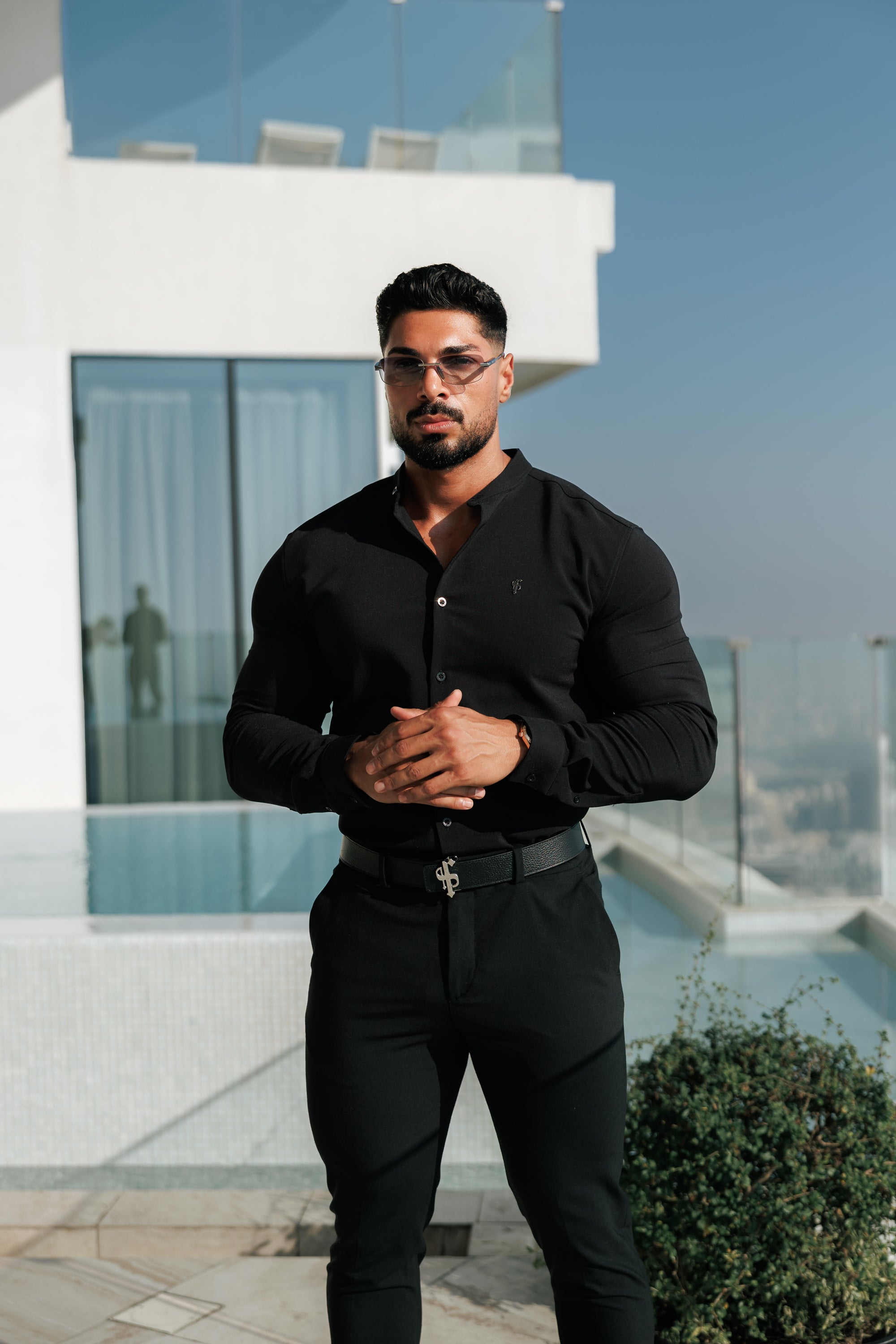 Classic Stretch Black LS with Grandad Collar - FS1078