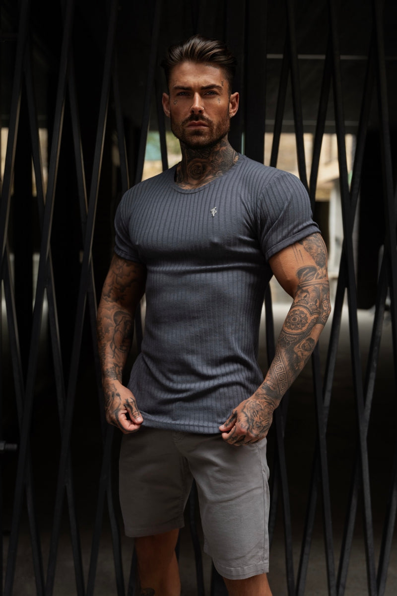 Father Sons Classic Charcoal / Silver Ribbed Knit Super Slim Short Sleeve Crew - FSH1084