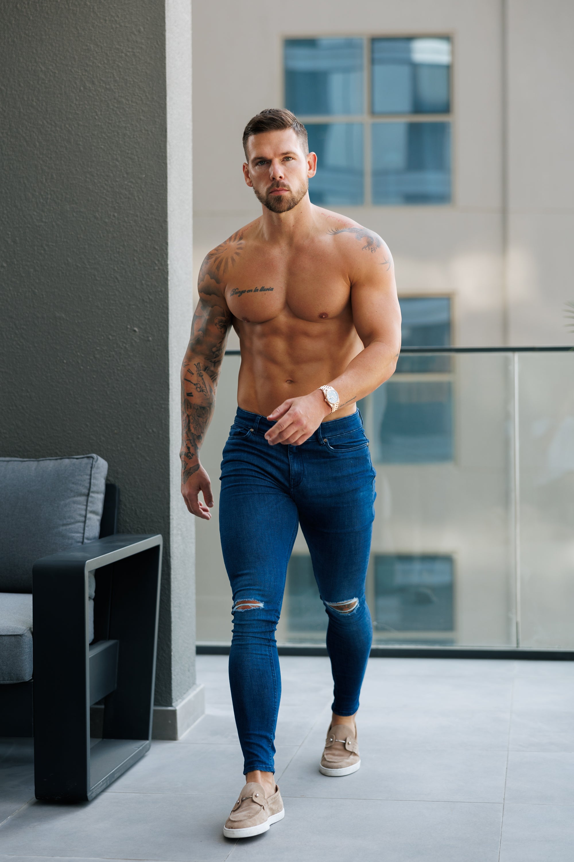 Ultra Stretch Mid Blue Slim Jeans with Knee Rips - FSJEAN011