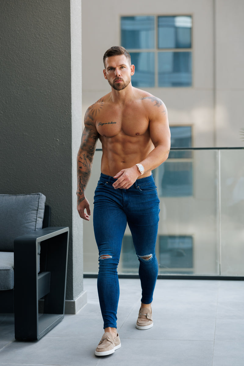 Father Sons Ultra Stretch Mid Blue Slim Jeans with Knee Rips - FSJEAN011