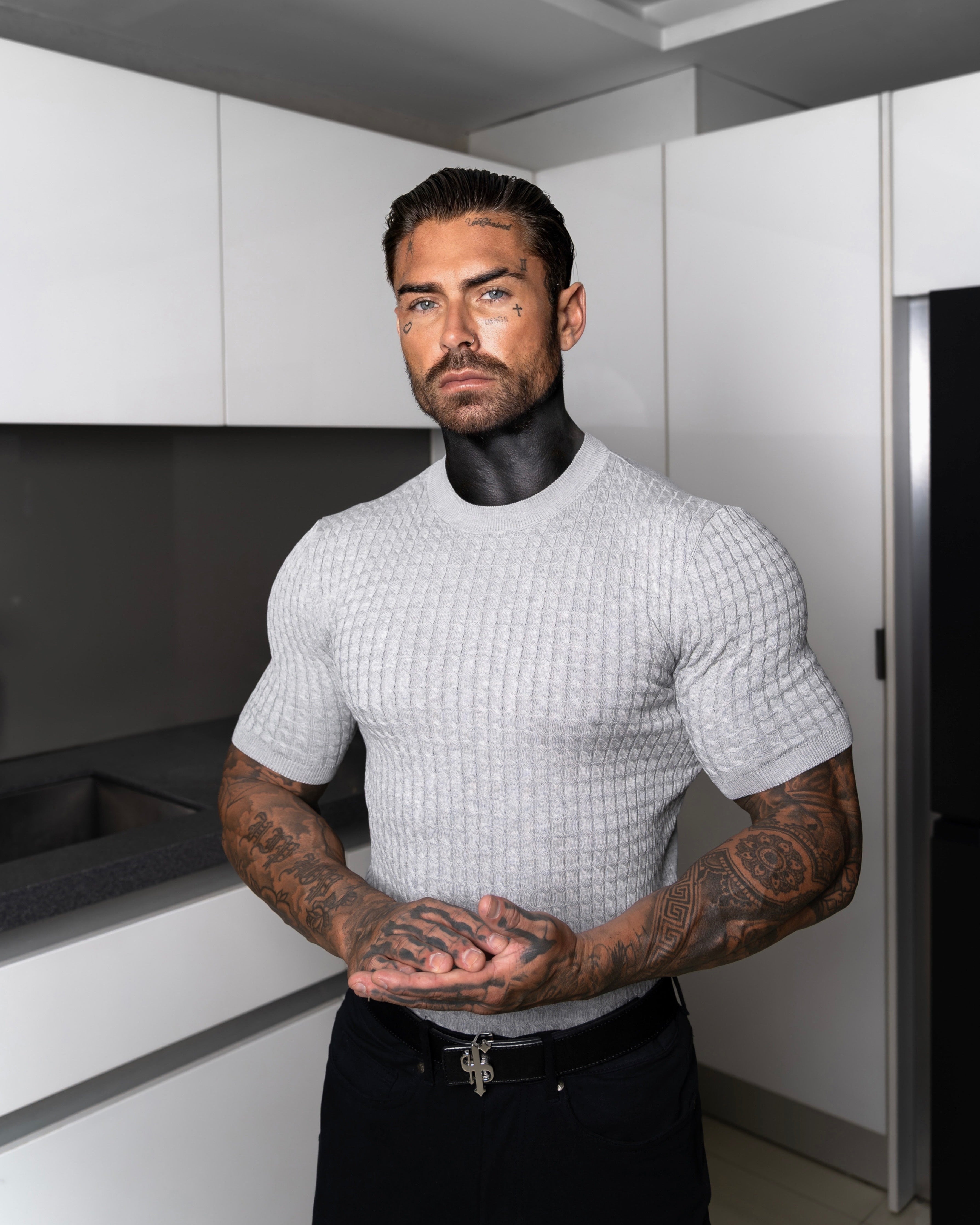 Front Chain Knit Crew Tshirt Silver Grey Short Sleeve  -  FSR056