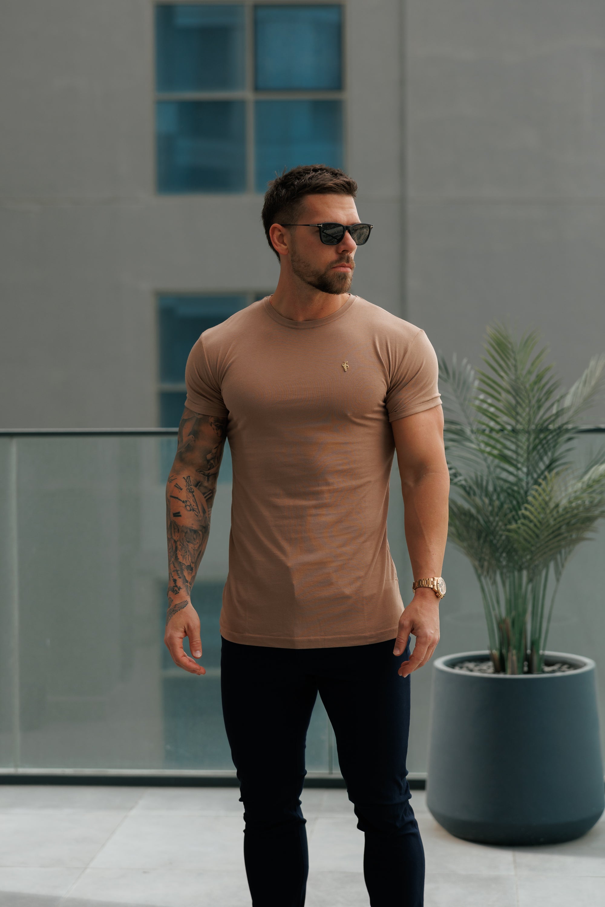 Coffee / Gold Bamboo Crew T Shirt - FSH1217