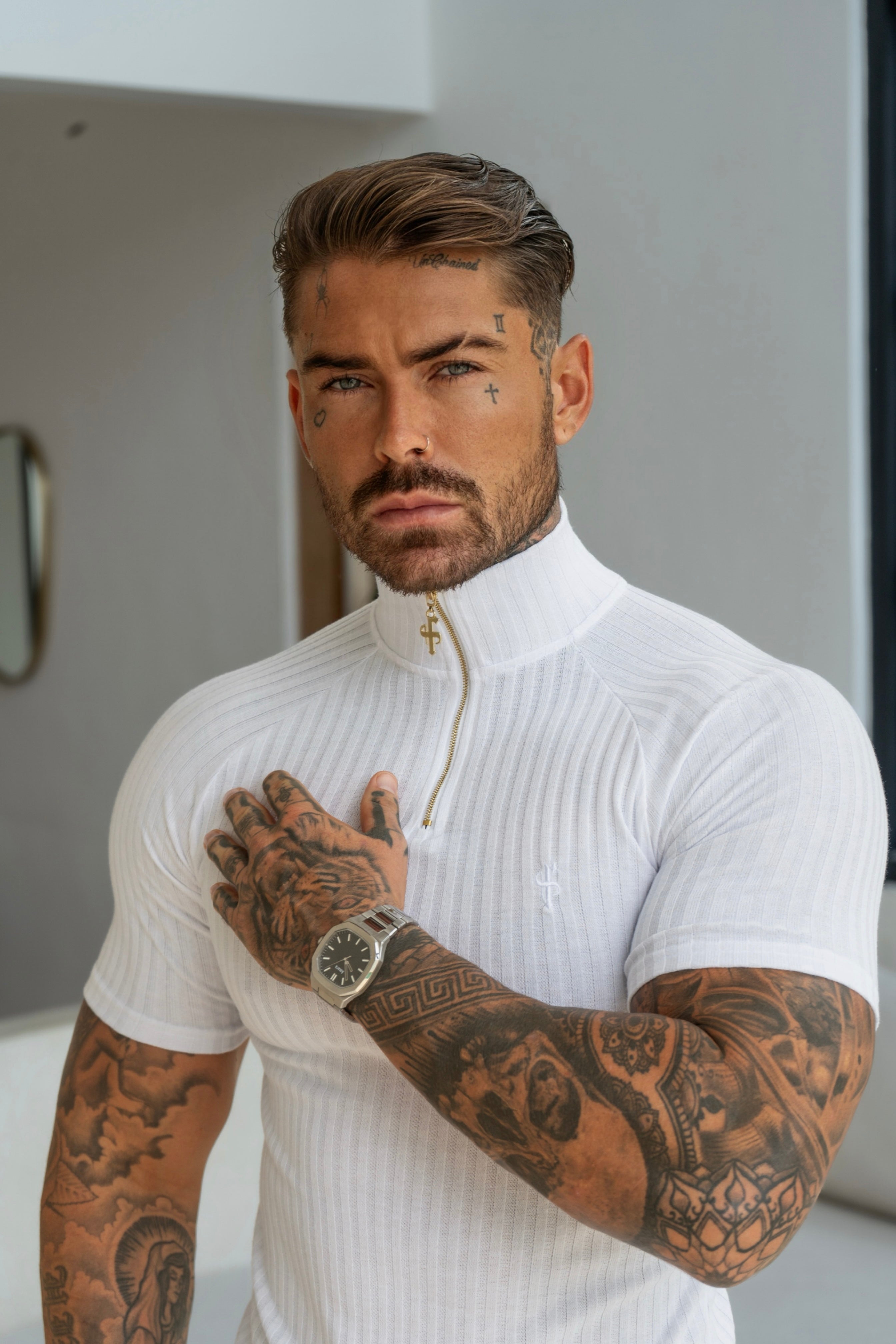 Classic White / Gold Ribbed Zip Funnel Neck Raglan Short Sleeve Crew - FSH1266