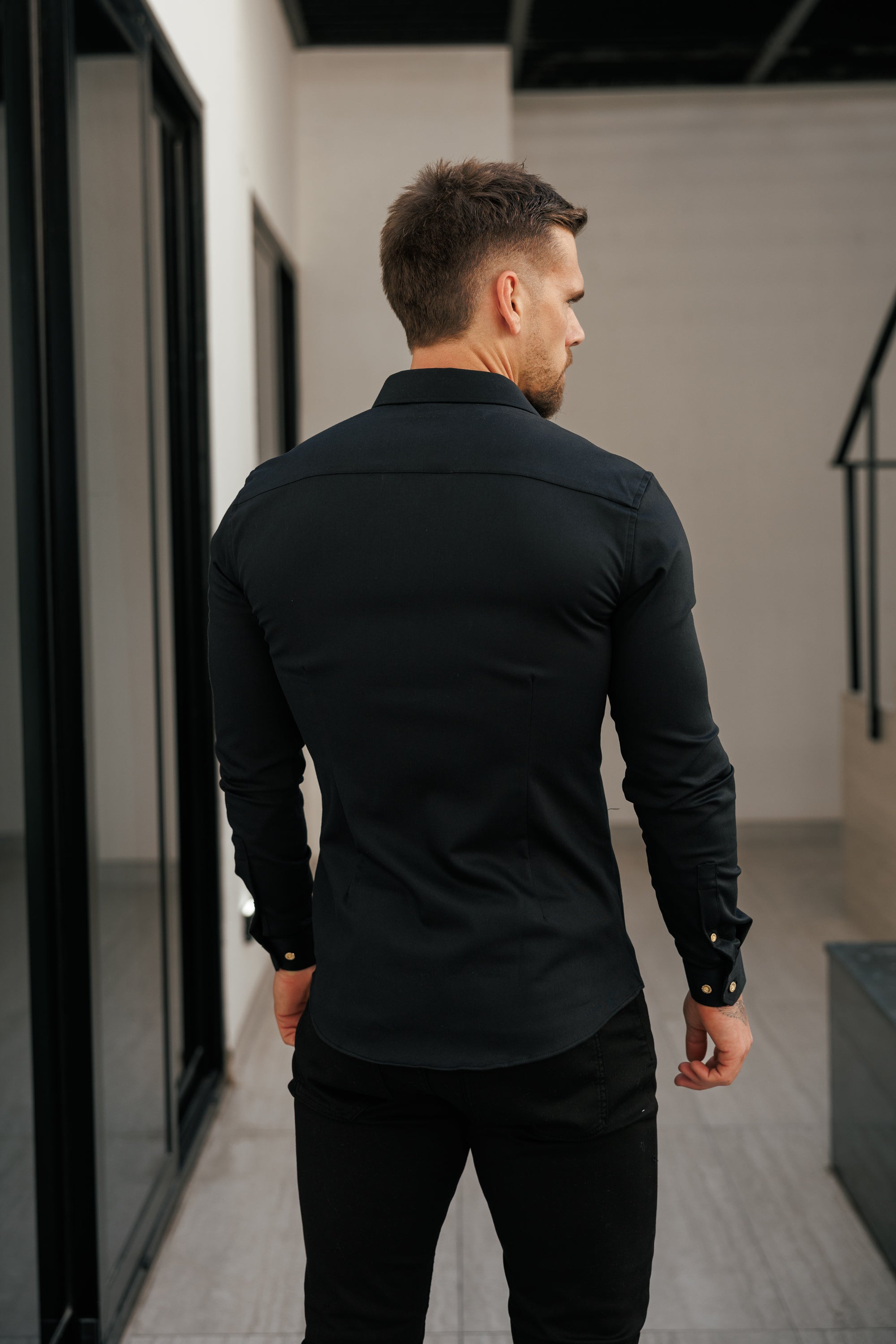 Super Slim Stretch Solid Black Denim Shacket with Gold Buttons - FS1238